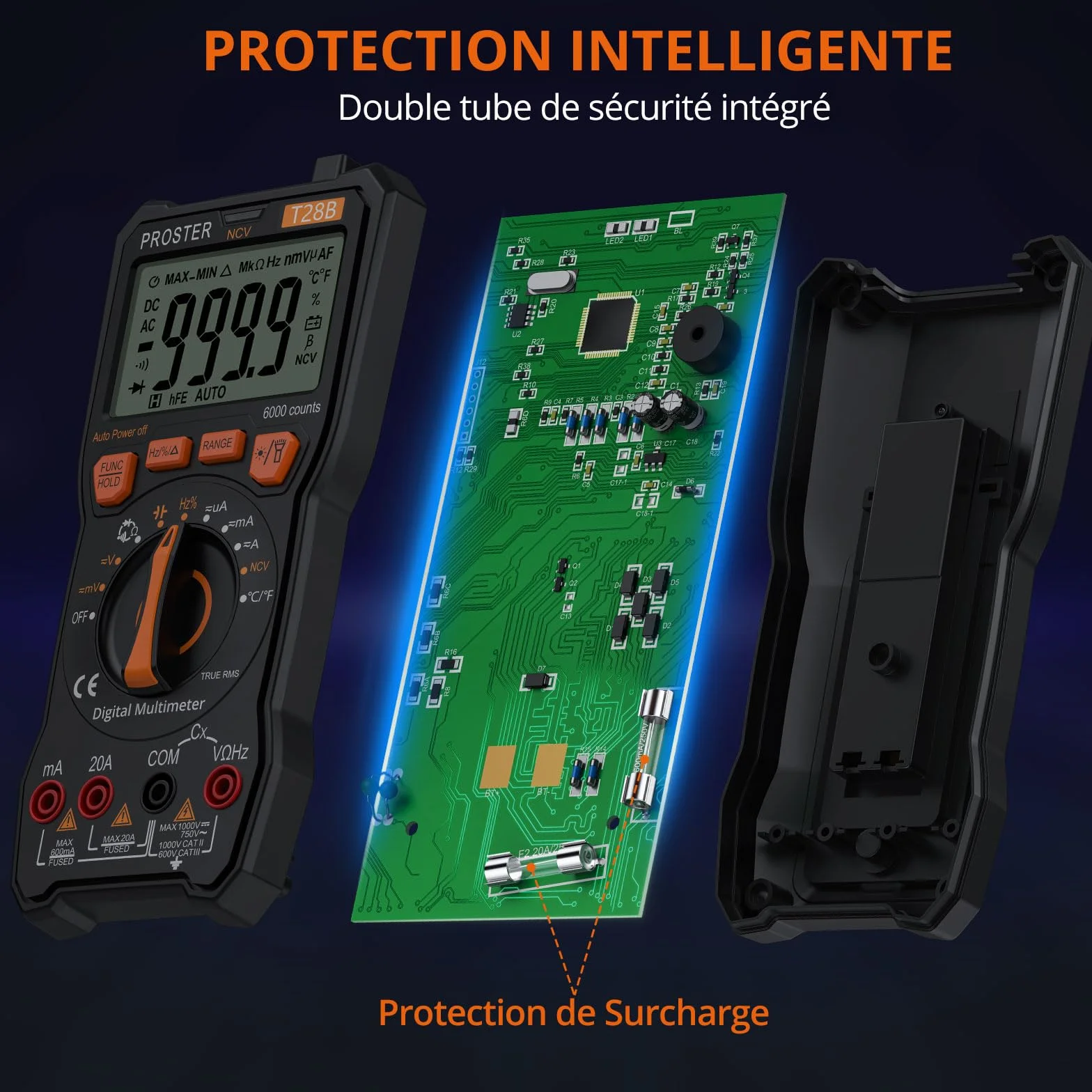 Proster Multimètre Automatique 6000 Comptes TRMS 1000V 20A - Testeur Électrique NCV Numérique Magnétique avec Température Capacité Fréquence, Multimetre Professionnel pour Électricien Bricolage Maison