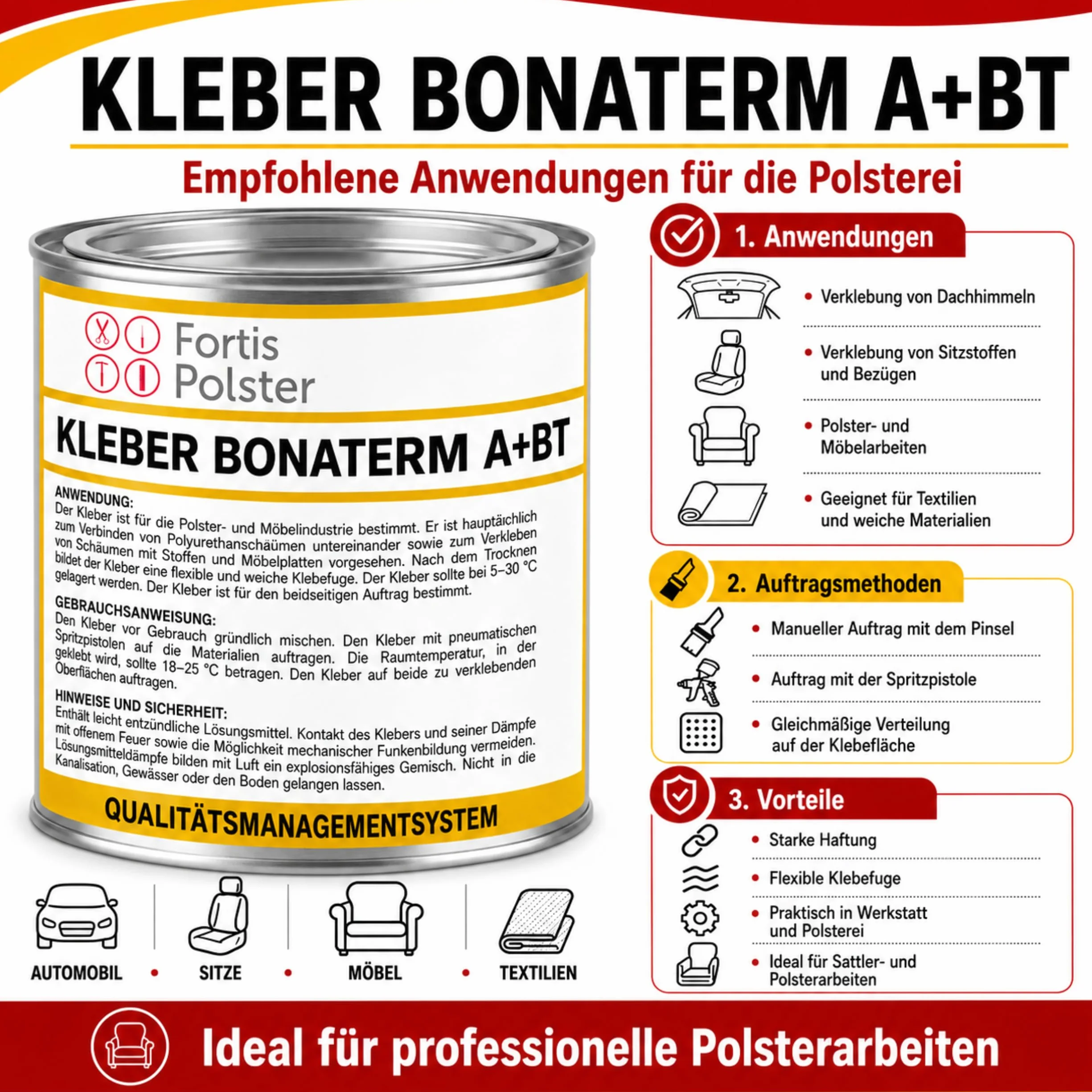 Bonaterm A-PLUS BT Colle de contact 0,4 kg – Colle de rembourrage pour ciel de toit, tissus de voiture, mousse, tapis et cuir – Colle universelle pour ciel de véhicule et travaux de rembourrage, sans