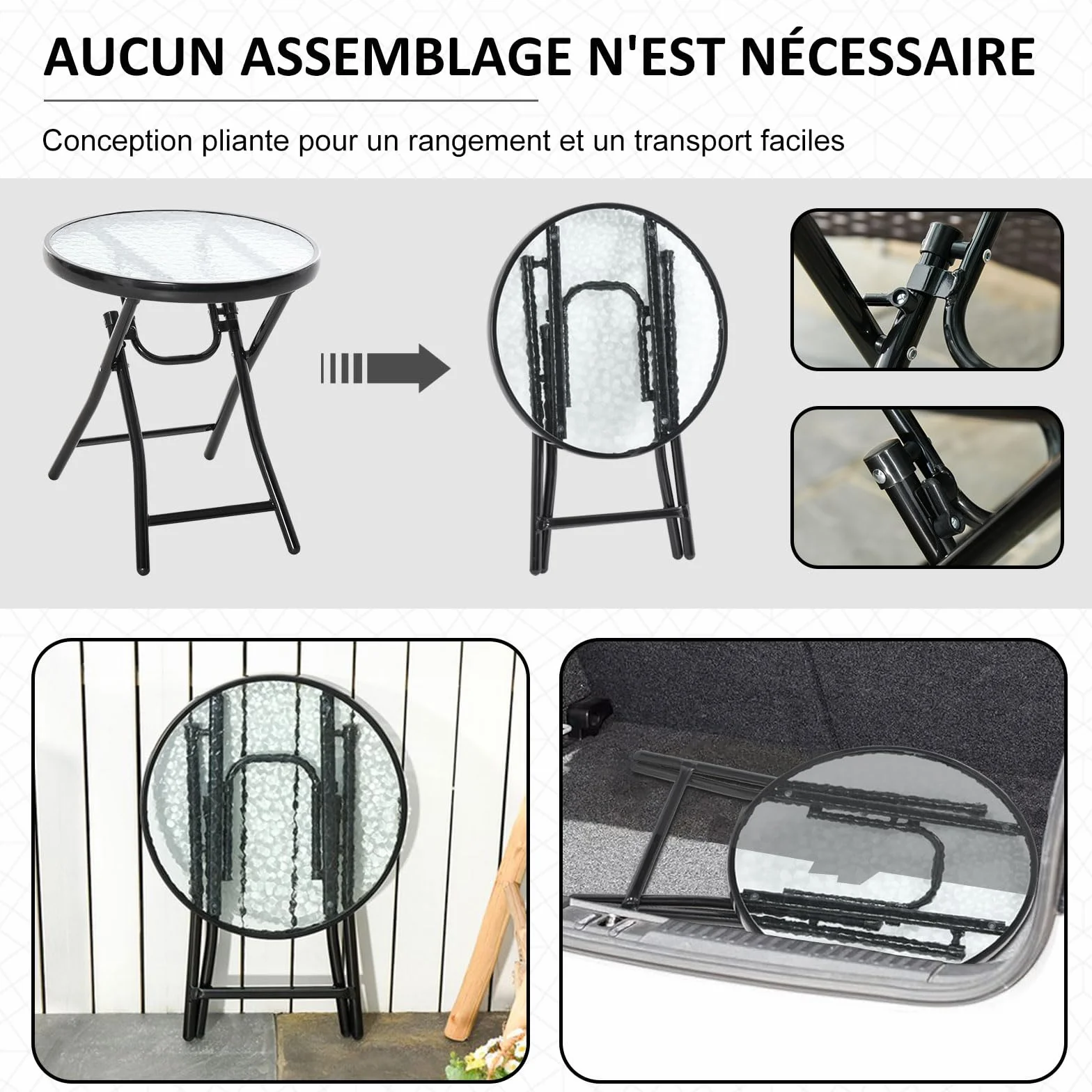 Outsunny Bistro de Jardin Table Basse Ronde Pliable 45 x 50 cm Métal Noir Verre Trempé