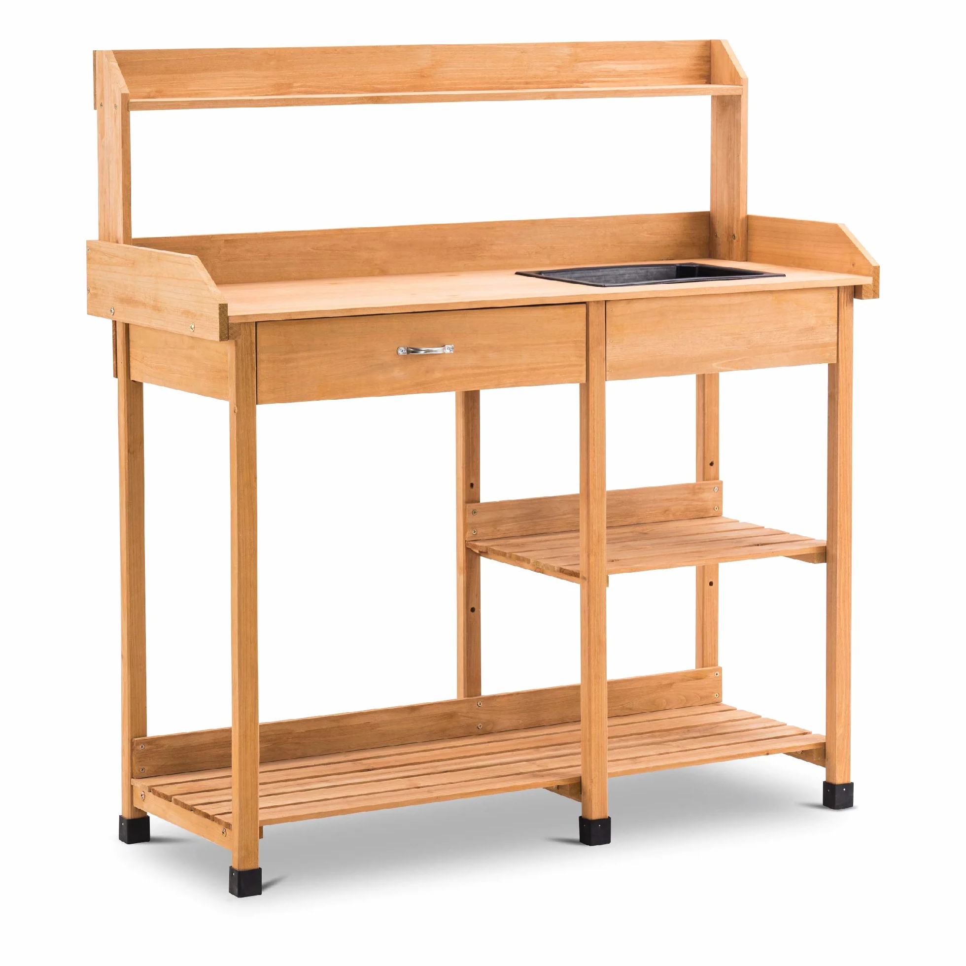 MCombo 0458 Table de Jardinage avec lavabo tiroir étagère Bois résistant intempéries 115x45x121 cm Naturel