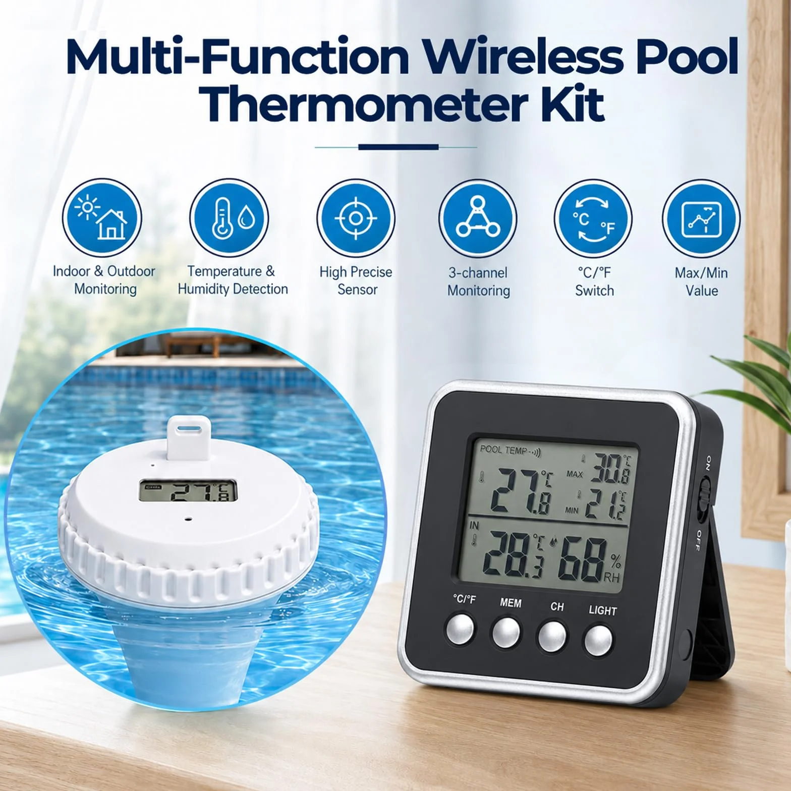Thermomètre de Piscine Sans Fil IPX8 150m Capteur Flottant Écran Rétroéclairé