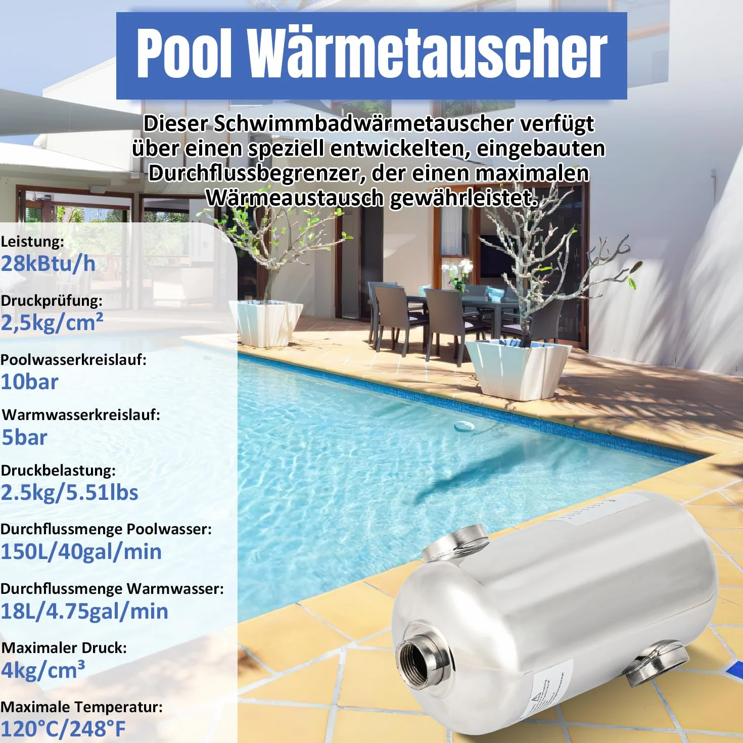 Herrselsam Échangeur de chaleur de piscine 28 kW Acier inoxydable 150 l/min