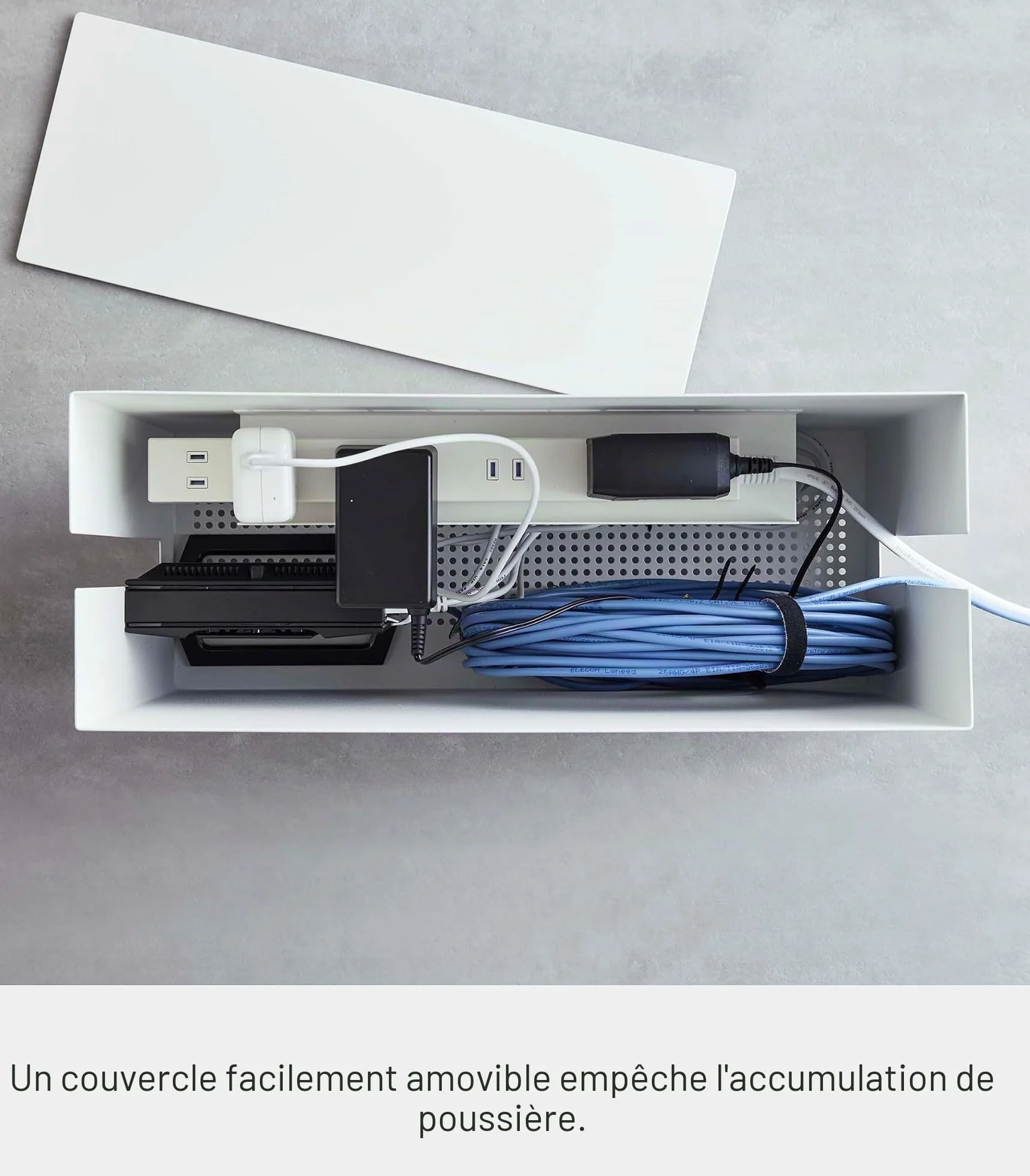 Yamazaki Tower Boîte Rangement pour câbles, en Acier - avec roulettes, Solution Gestion des câbles, Bureau, Organiser Les Prises - 40 x 15 x 34,5 cm, Design Japonais, Blanc