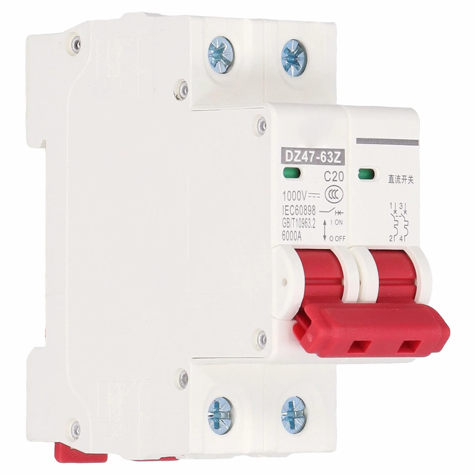 Disjoncteur Miniature 1000V DC 20A 2P Din Rail Mount Protection Contre Les Surcharges à Domicile Interrupteur D'air pour Lignes de Distribution D'éclairage Résidentiel Système PV Solaire