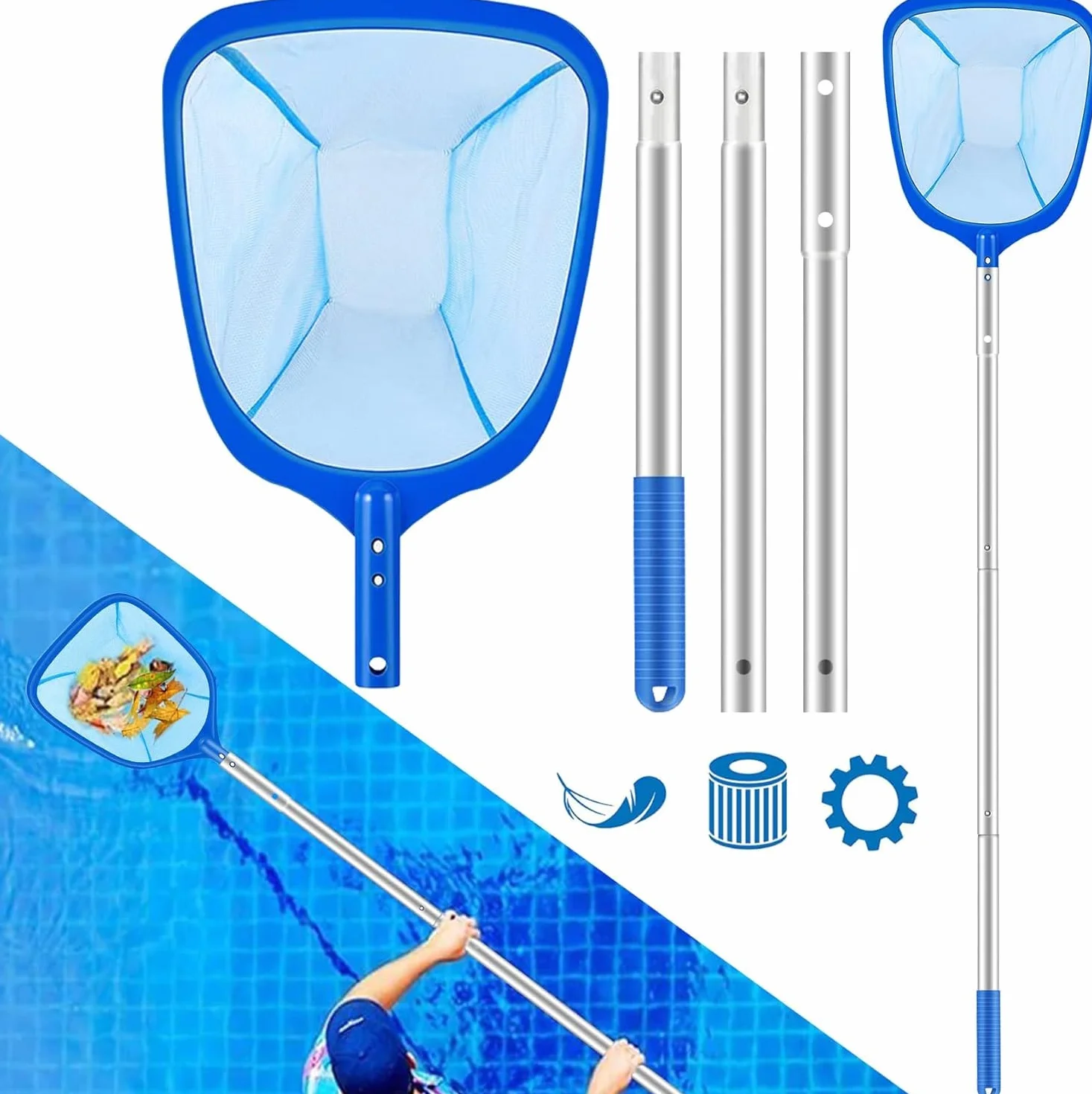 Épuisette de Piscine avec Perche Télescopique 98cm Aluminium, Kit Nettoyage Professionnel