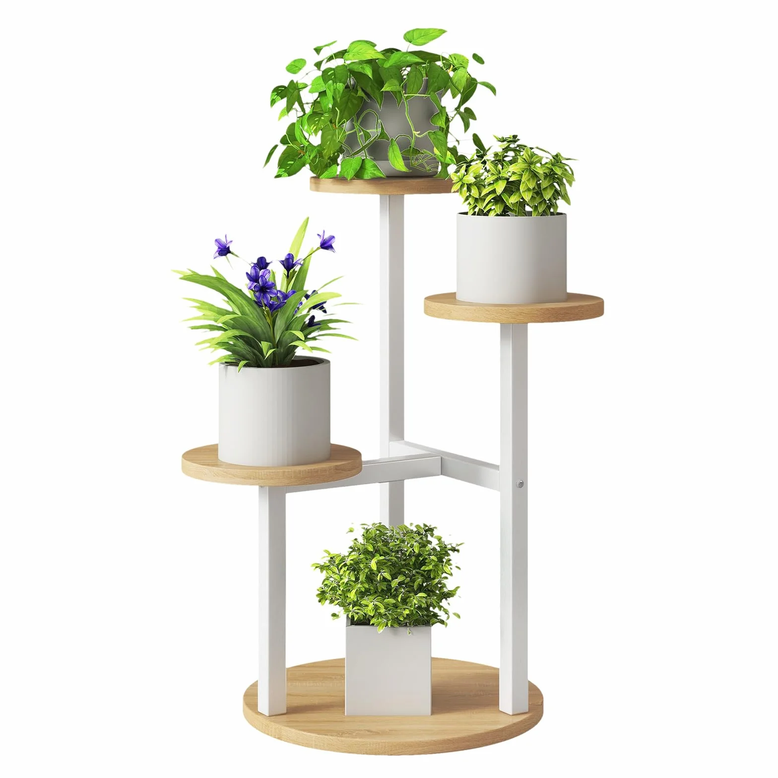 IBUYKE Support de Plante en Métal Bois 4 Niveaux 52.5cm Étagère d'Angle Blanc