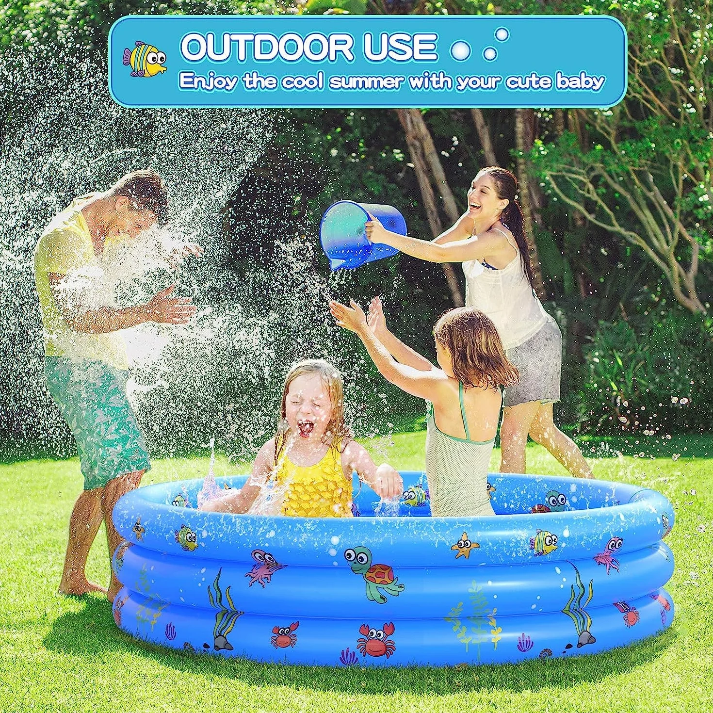 Piscine Gonflable pour Enfants 100x40cm PVC Antidérapant 3 Anneaux Bleu