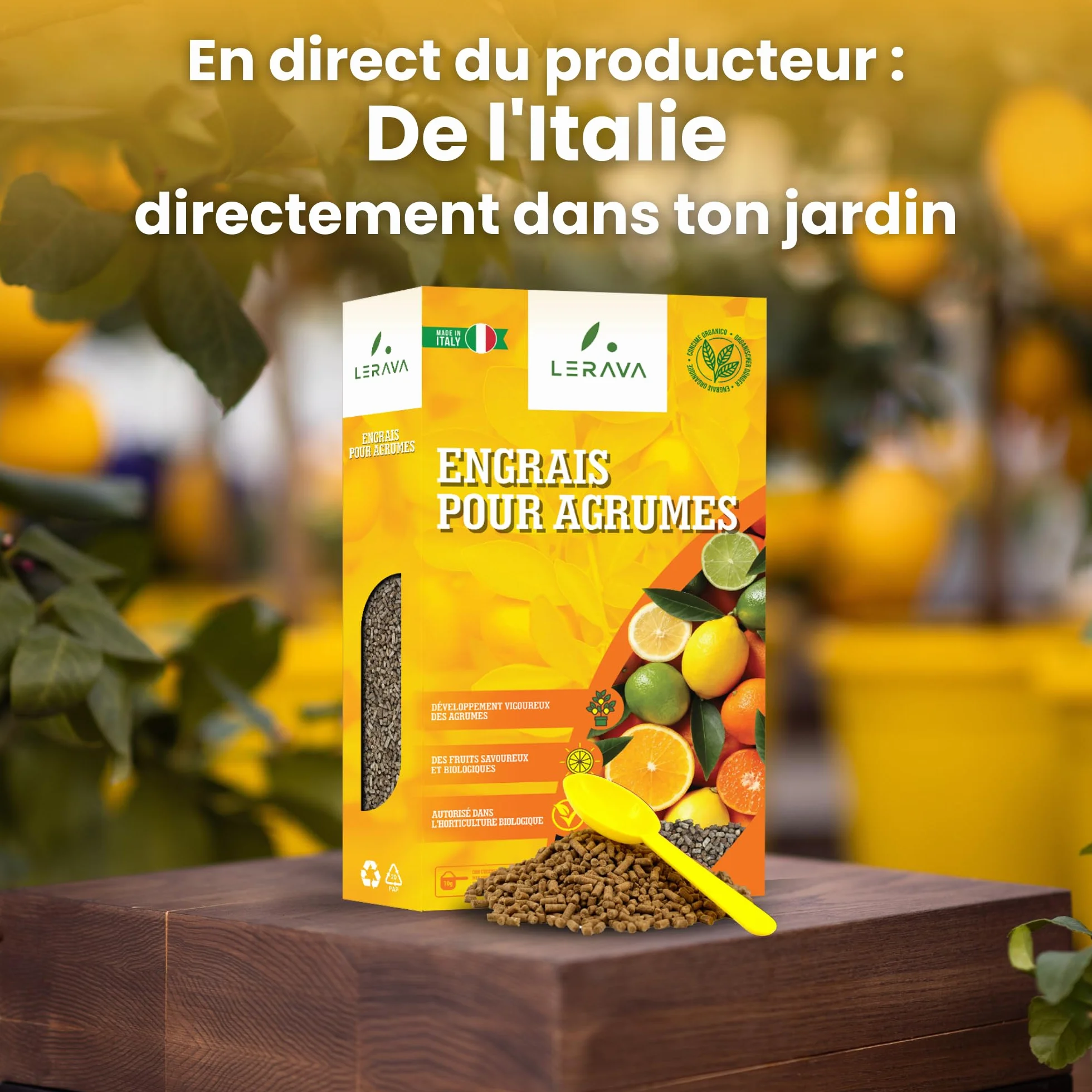LERAVA Engrais Bio Agrumes 800g - Nutrition Naturelle Citronnier Pot - Croissance Vigoureuse Saveur Intense - Bouchon Distributeur - 100% Made in Italy