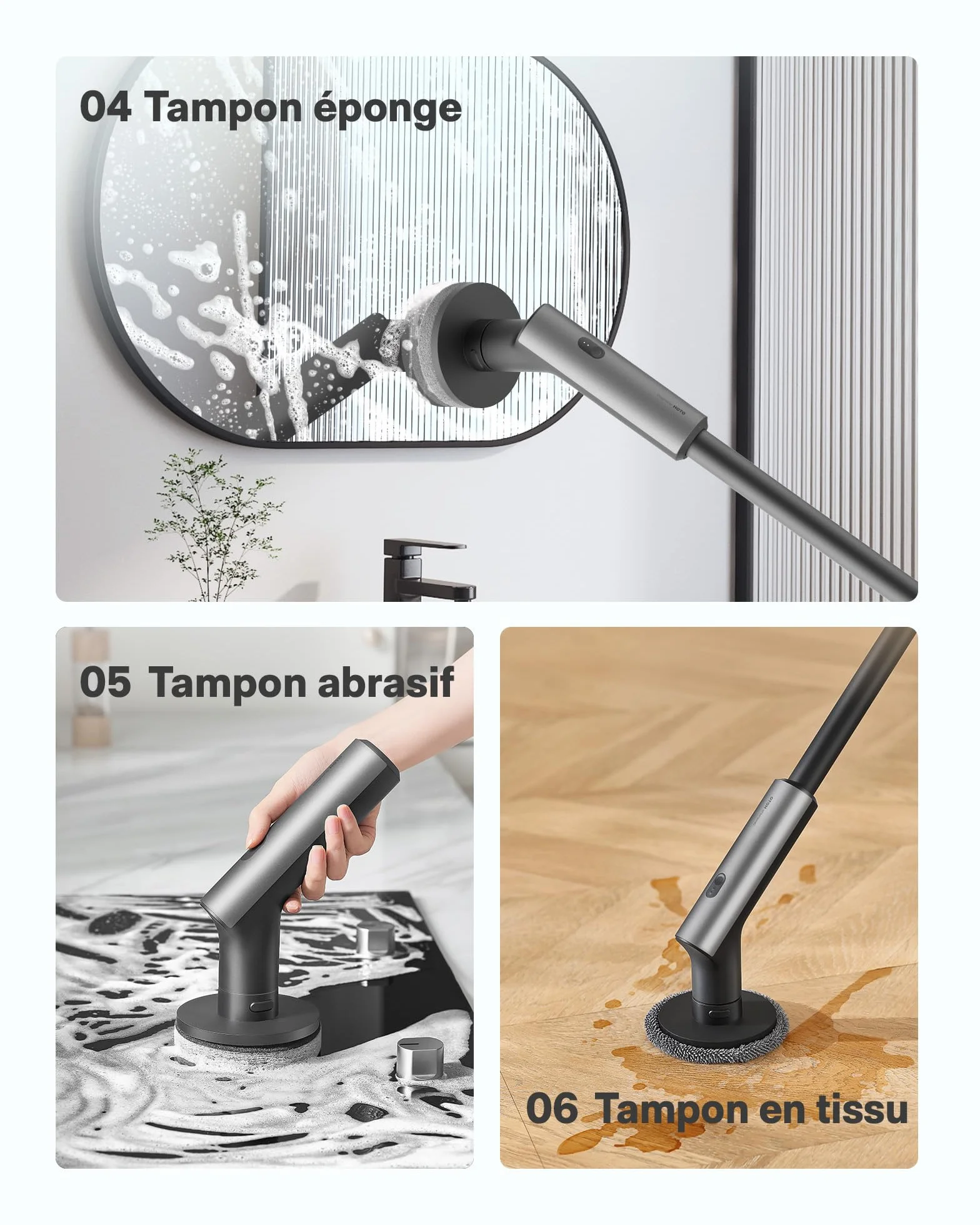 HOTO Brosse Nettoyage Electrique Rotative, IPX7 Imperméable, Brosse Rotative Électrique, Brosse Nettoyage Salle de Bain sans Fil, avec Poignée Réglable et 6 Têtes Brosse, pour Salle de Bain et Cuisine