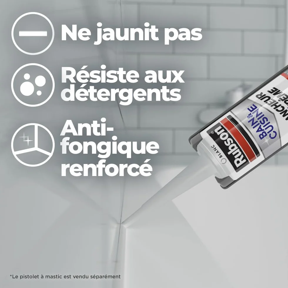 Rubson - Mastic Bain & Cuisine Blancheur Extrême (cartouche 280ml) étanche et anti moisissures à base de silicone - longue durée, Blanc