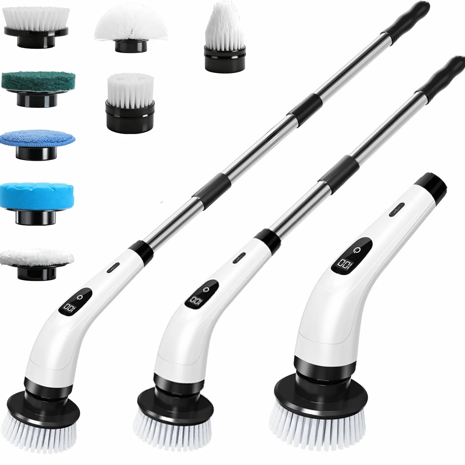 Brosse à récurer électrique, Brosse de Nettoyage sans Fil avec 8 têtes, Manche Long télescopique, Brosse nettoyante Rechargeable, Charge USB-C, pour Sol,Salle de Bain, Cuisine, Douche et Baignoire