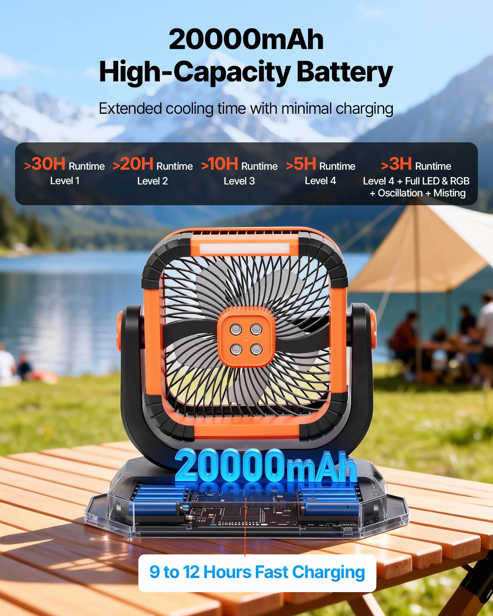 VEVOR Ventilateur Brumisateur sur Pied 2400 tr/min 12 L 4 Vitesses 3 Modes Éclairage Batterie 20000 mAh