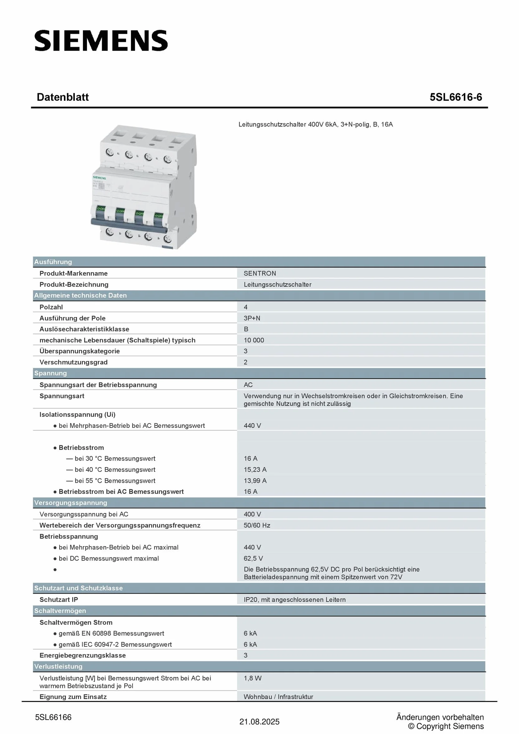 Siemens 5sl6 – Automatique magnetotermico 400 V 6 kA 3 pôles + neutre b 16 a