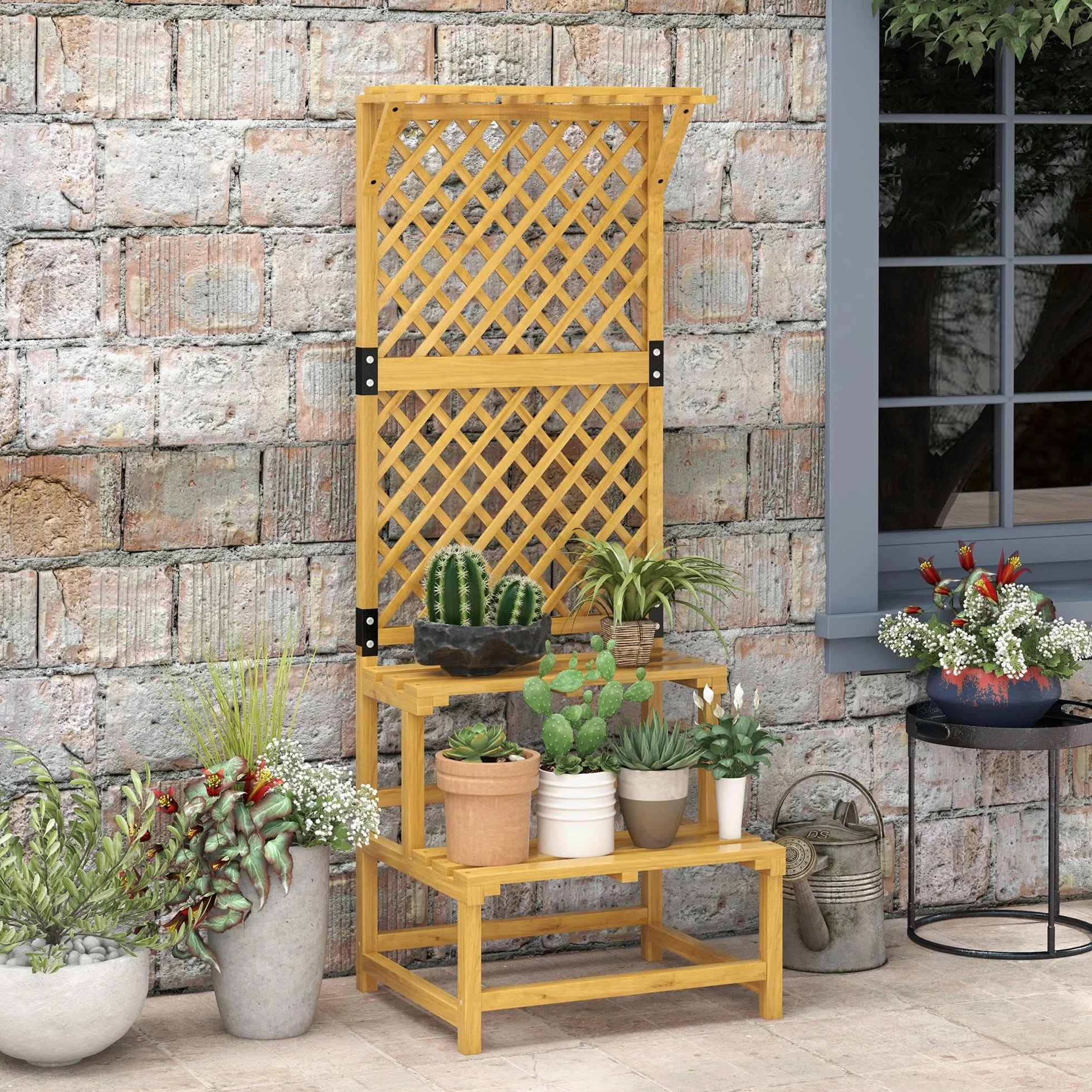 Outsunny Support plantes intérieur porte plante à deux niveaux avec treillis bois massif jaune