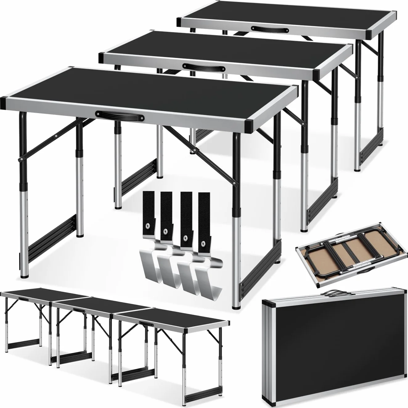 Tectake Lot de 3 Tables Pliantes Multifonction 100 x 60 cm Aluminium Hauteur Réglable 4 Niveaux Camping Barbecue
