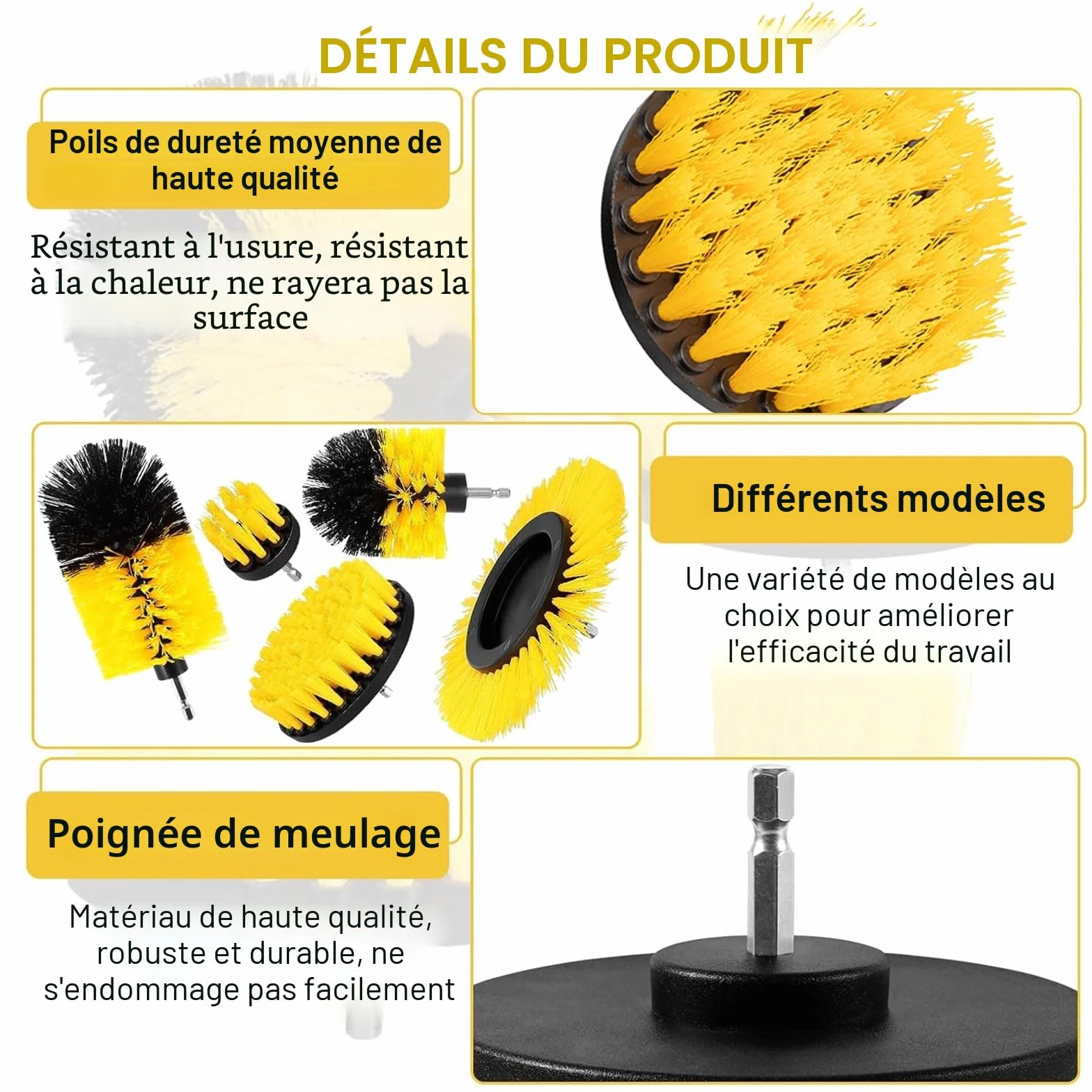 Kit de 3 Brosses pour Perceuse - Nettoyage Profond Voiture, Jantes, Carrelage & Cuisine - Accessoire pour Visseuse/Perceuse avec Têtes Conique, Plate et Ronde