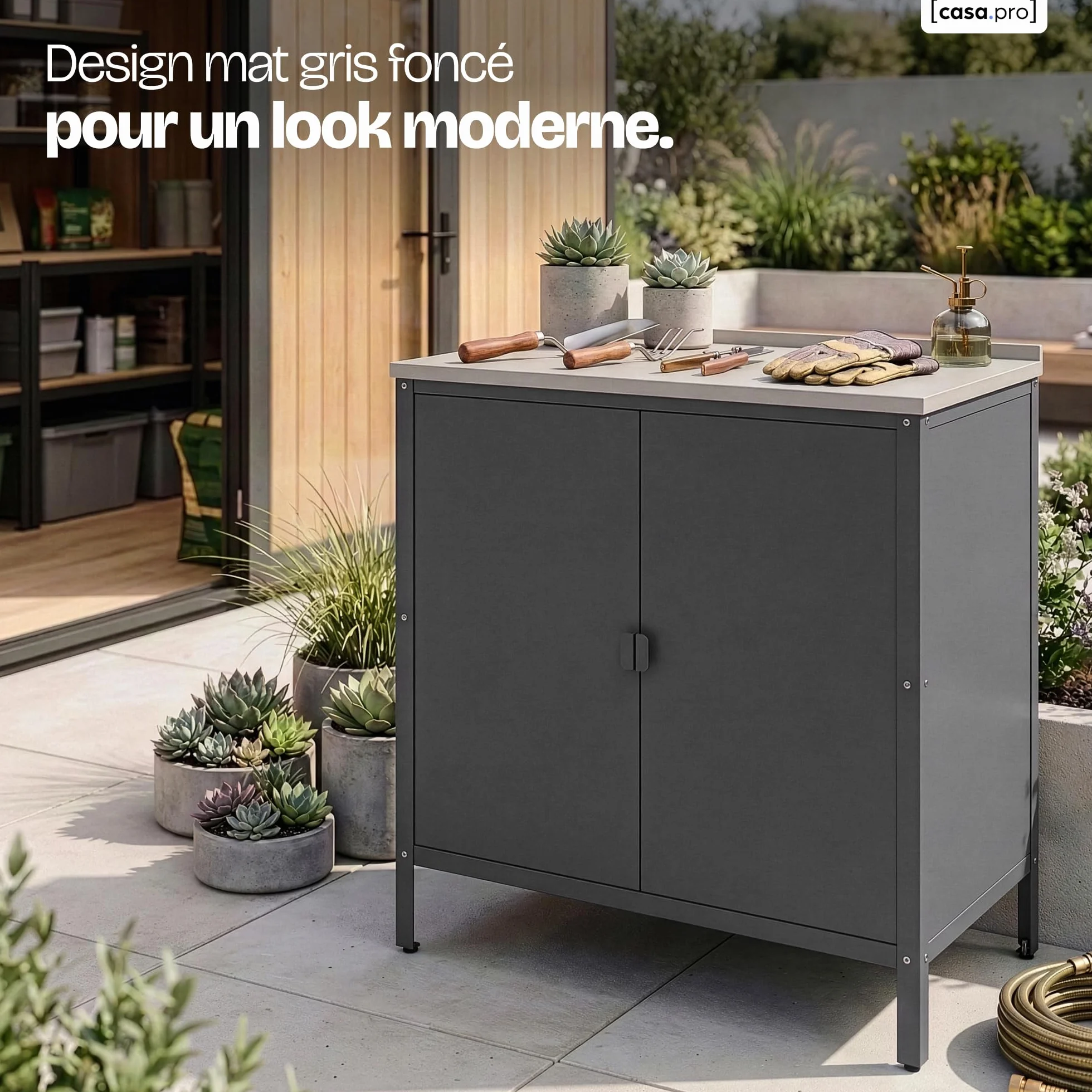 Casa.pro Armoire Basse de Jardin Bolognano Meuble de Rangement Acier Laqué 92 x 80 x 50 cm Gris Foncé Mat