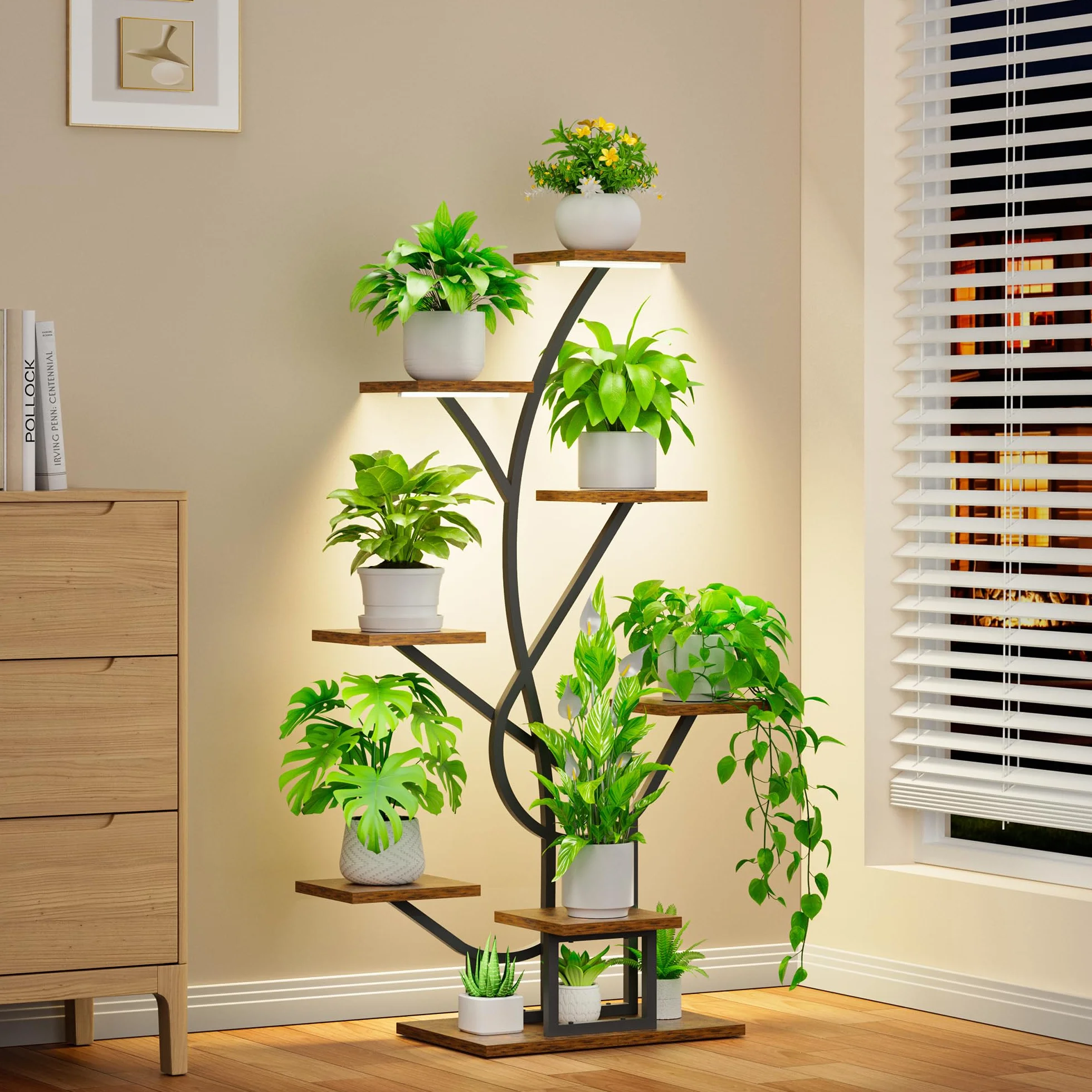 BACEKOLL Support pour plantes avec lumière de croissance 126 cm Métal Bois Noir Étagère à plantes