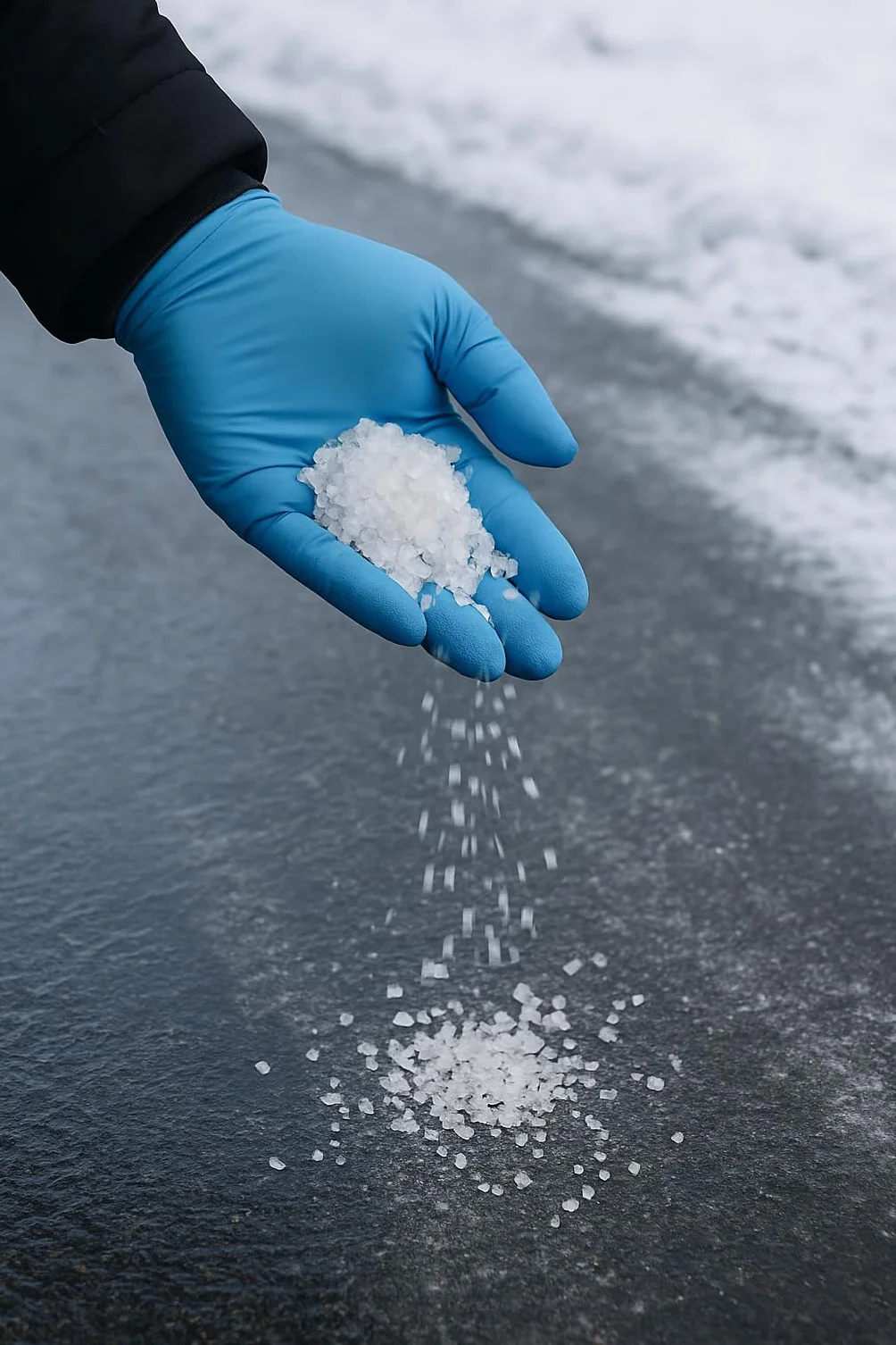 Sels de déneigement à gros grains 5 kg + 2 paires de gants jetables en nitrile