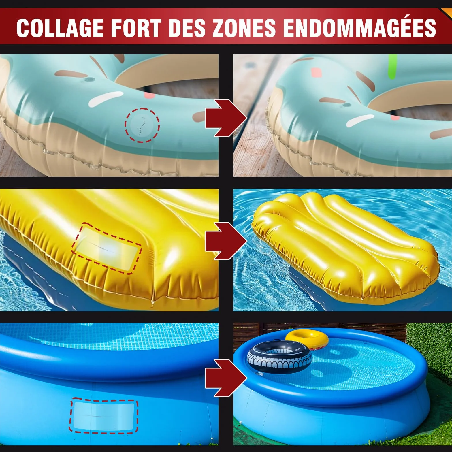 Kit Réparation Piscine 60ml Rustine Transparente pour Matelas Gonflable, Bouées, Bateaux