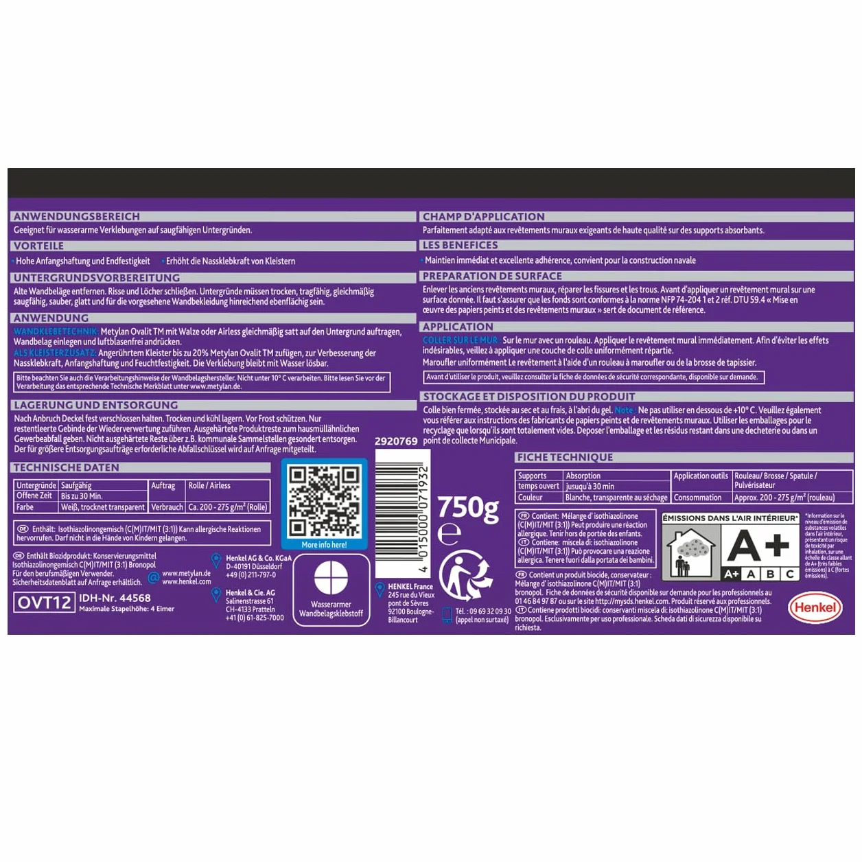 METYLAN Ovalit TM , Colle pour revêtements muraux, colle prête à l'emploi pour textiles muraux et toile de verre- Pot 750g