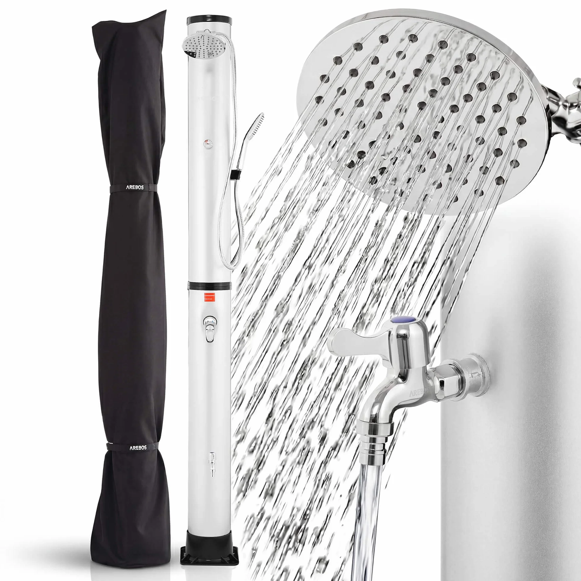 AREBOS Douche Solaire 40 L 220 cm Thermomètre intégré Pomme Ronde douchette Pieds Argent-Noir