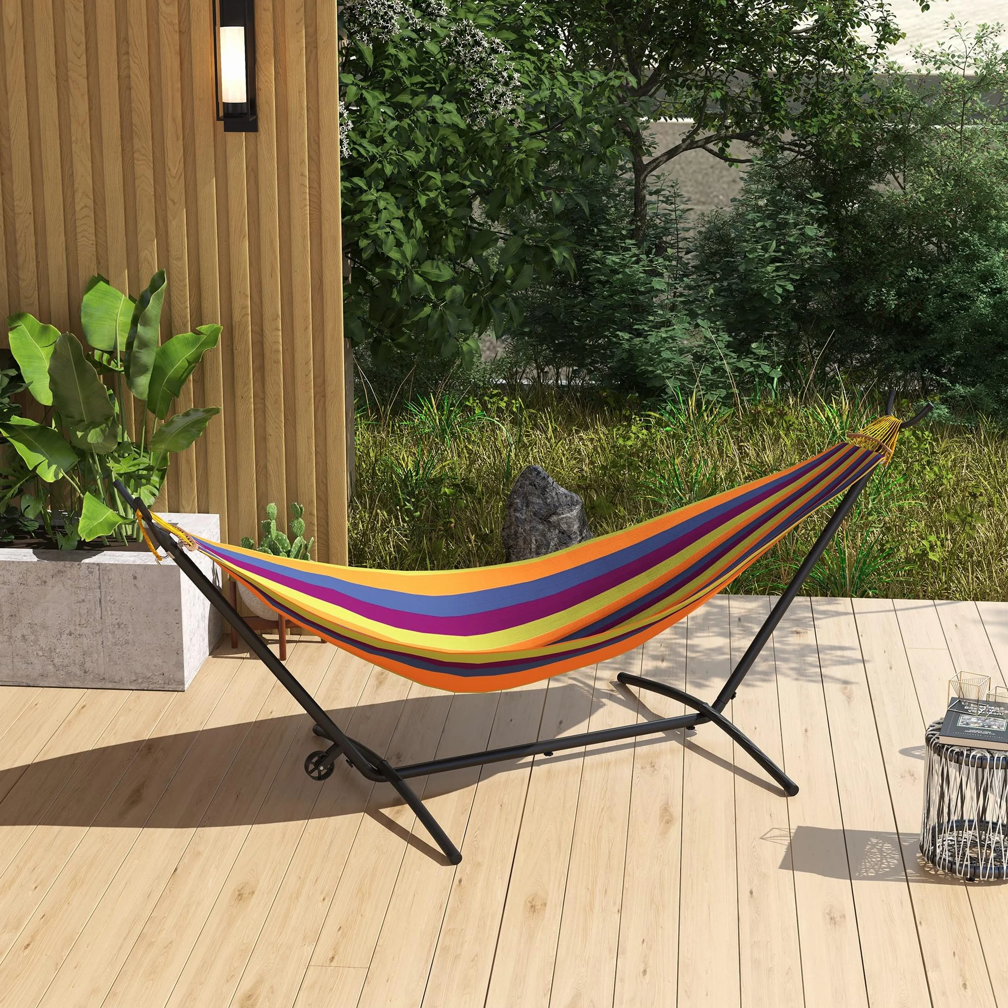 Outsunny Support Pied de hamac métal époxy Hauteur réglable 6 Niveaux 290L x 120l x 115H cm Noir