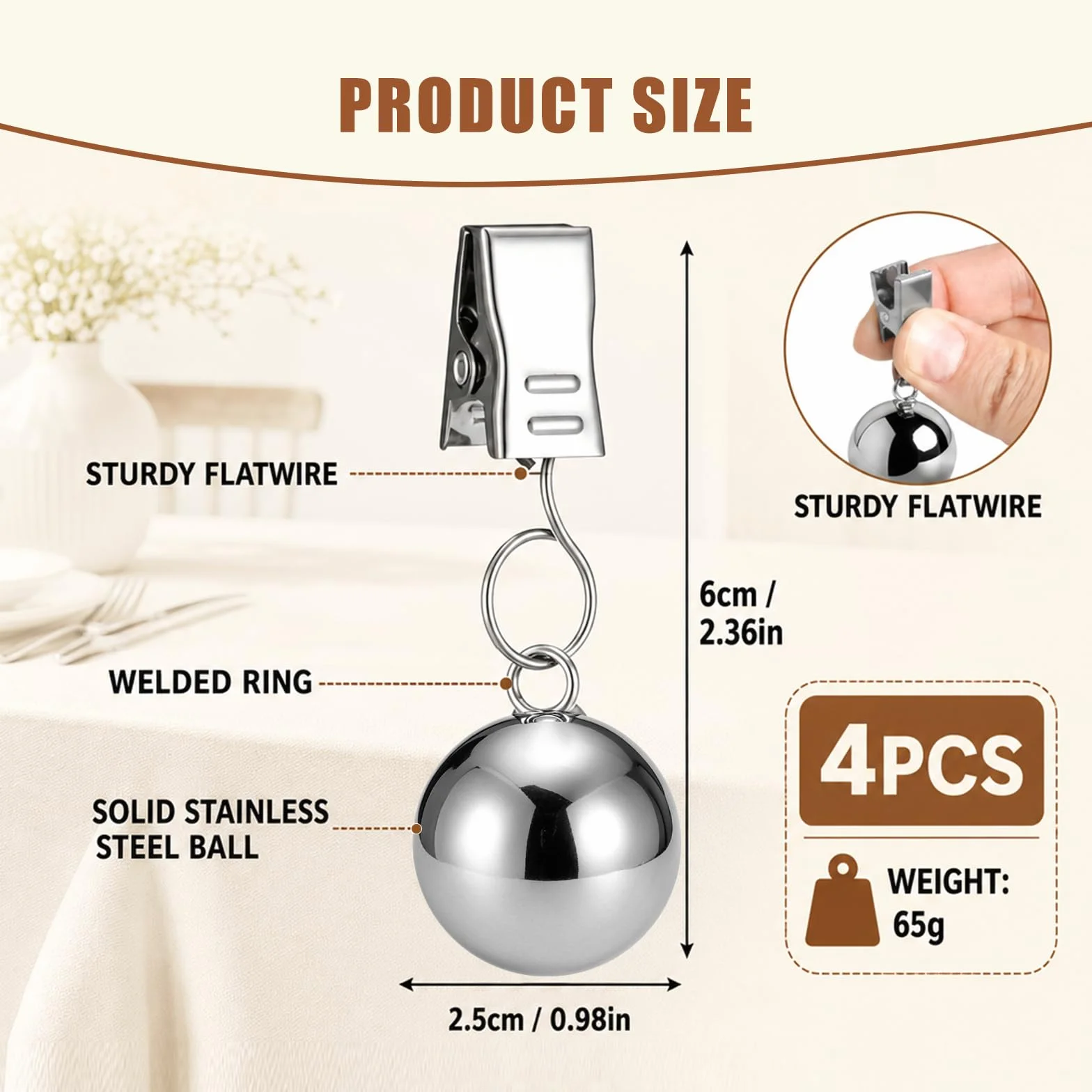 Pinces à Nappe Inoxydable 65g, 4 Pièces Poids de Nappe pour Intérieur Extérieur Mariage