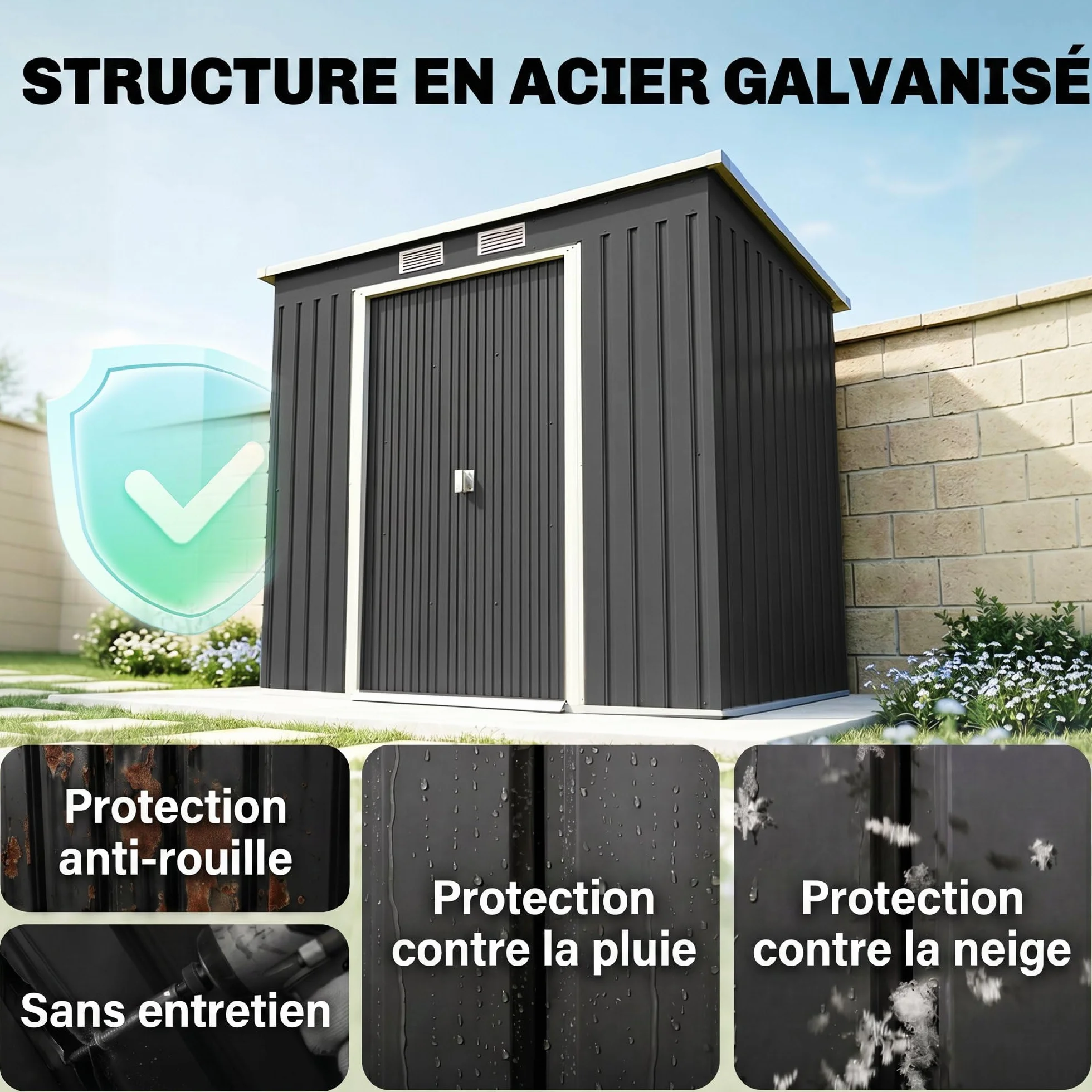 Outsunny Abri de Jardin Acier galvanisé 2,77 m² 213x130x172 cm Portes coulissantes verrouillables Gris foncé