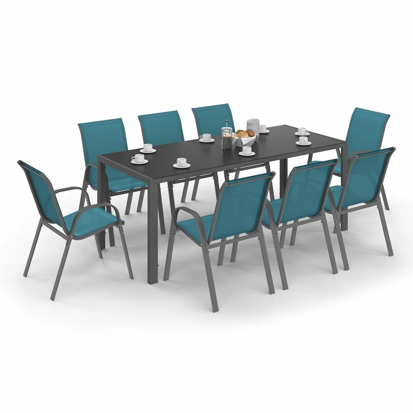 Salon de Jardin Madrid Table 190 CM 8 Chaises Empilables Bleu Canard