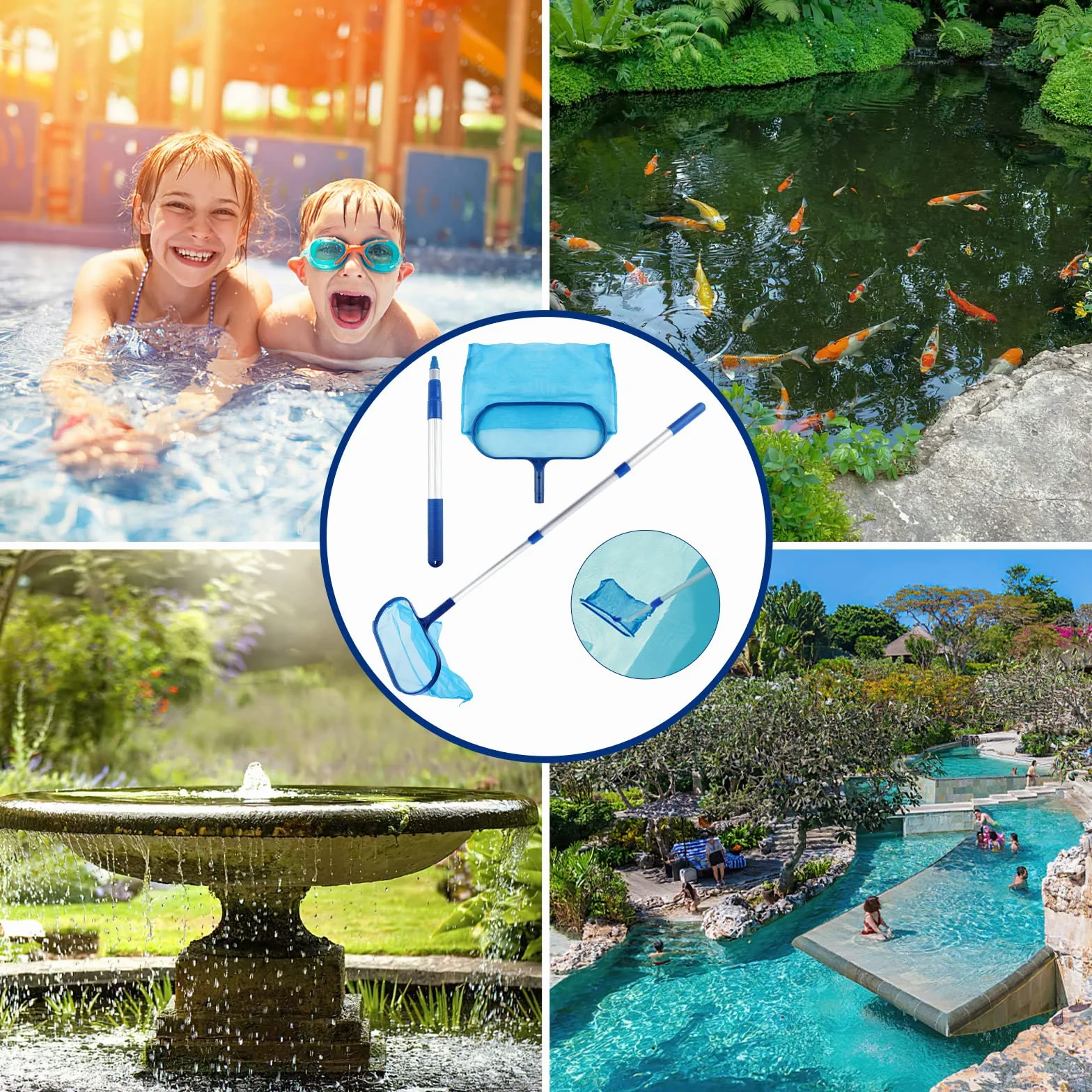 Épuisette Piscine avec Manche Télescopique, Filet Nettoyage Surface et Fond