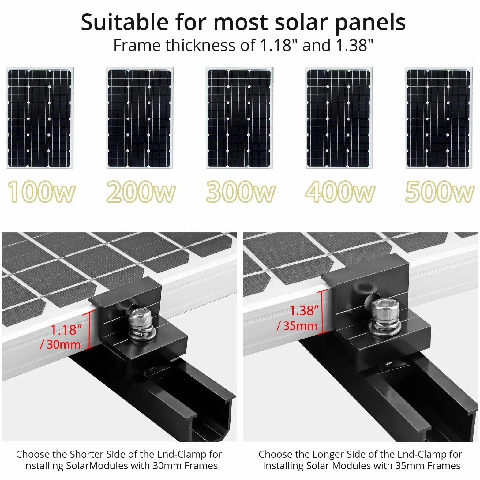 Kit de Fixation pour Panneau Solaire, 10 Rails Courts Aluminium 120mm, 6 Pinces Centrales 30/35mm, 4 Pinces d’Extrémité 30/35mm, 1 Clé de Serrage, Noir
