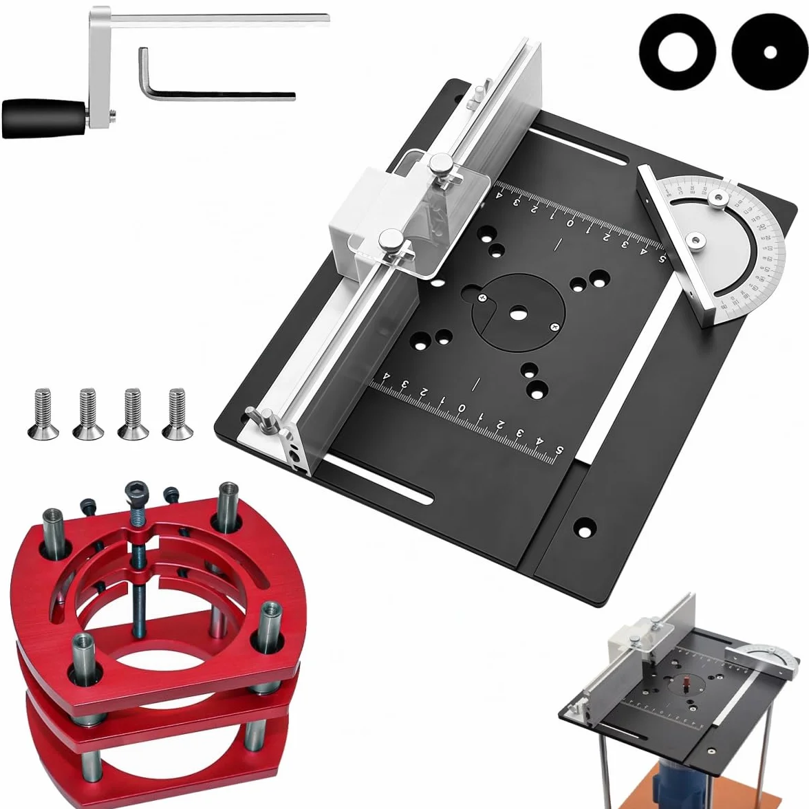 Table Defonceuse a Bois mit Plaque D'insertion Défonceuse, Plaque Lift Base Support Levée Maximale 51mm, Défonceuse Sur Table Aluminium pour Moteurs avec 64 à 65 mm de Diamètre (Noir)