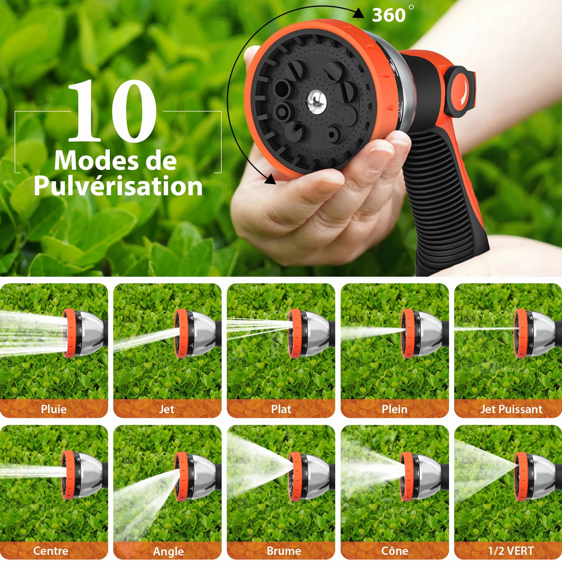 Pistolet Arrosage Jardin 10 Modèles Réglables Pulvérisateur Multifonctionnel Orange
