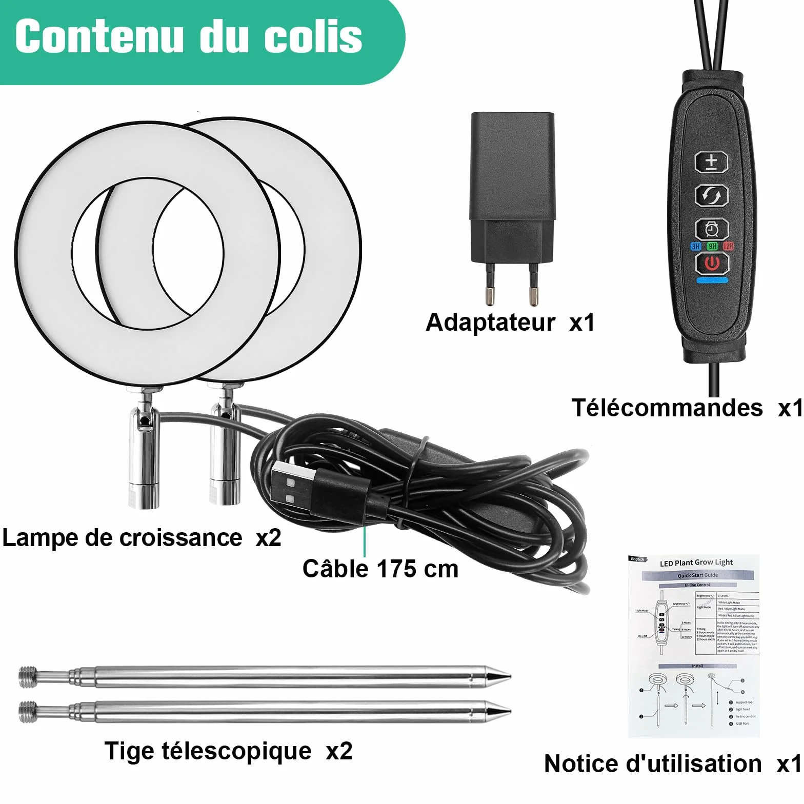 Lampe Plante Spectre Complet Réglable Hauteur Minuterie 3/9/12h 10 Luminosité 3 Modes Lumière 2-Tête pour Semis Succulentes Orchidée