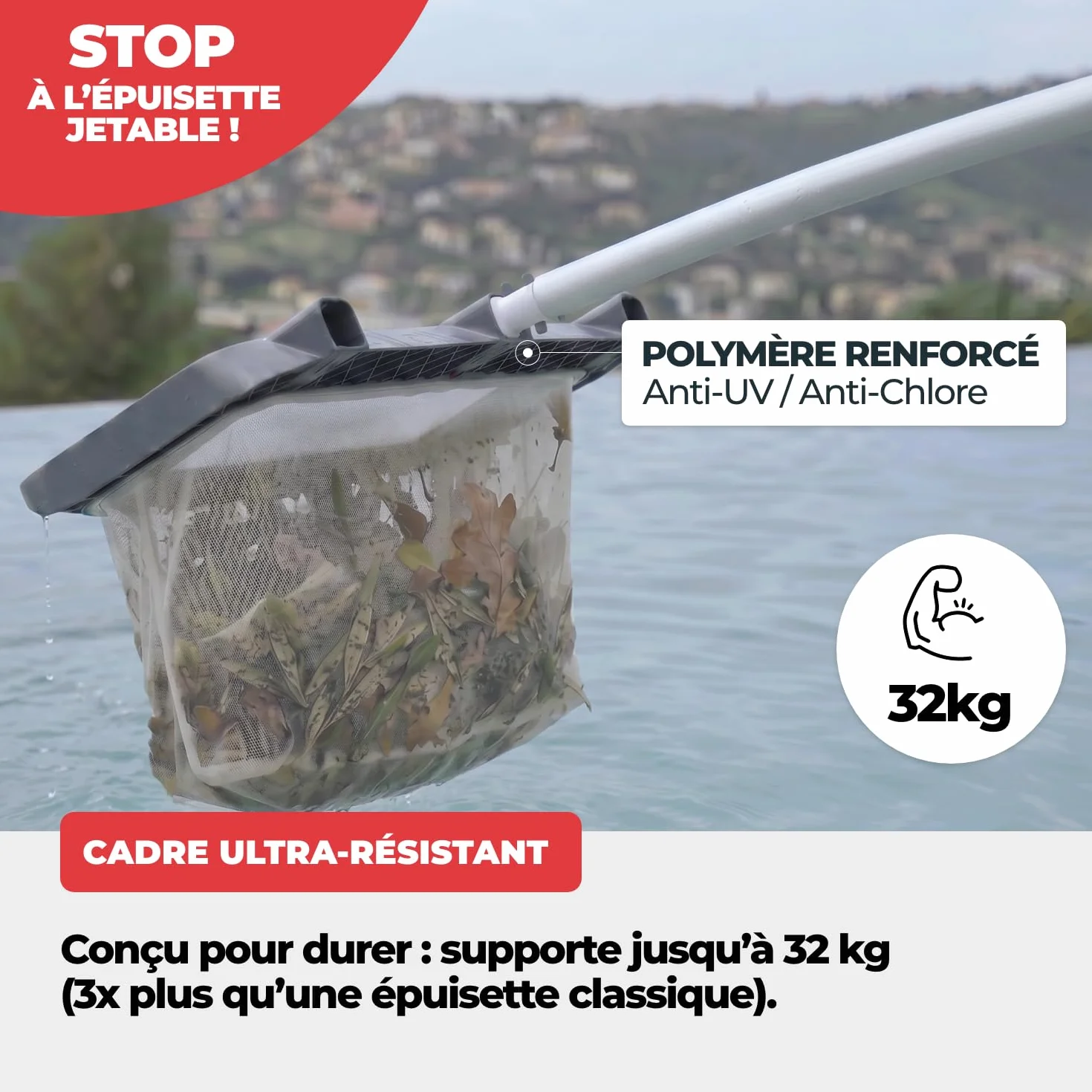 Épuisette Piscine Professionnelle 3-en-1 NODI Net+ Fond Surface Coffre Volet Immergé Résistance 32 kg Filet Remplaçable