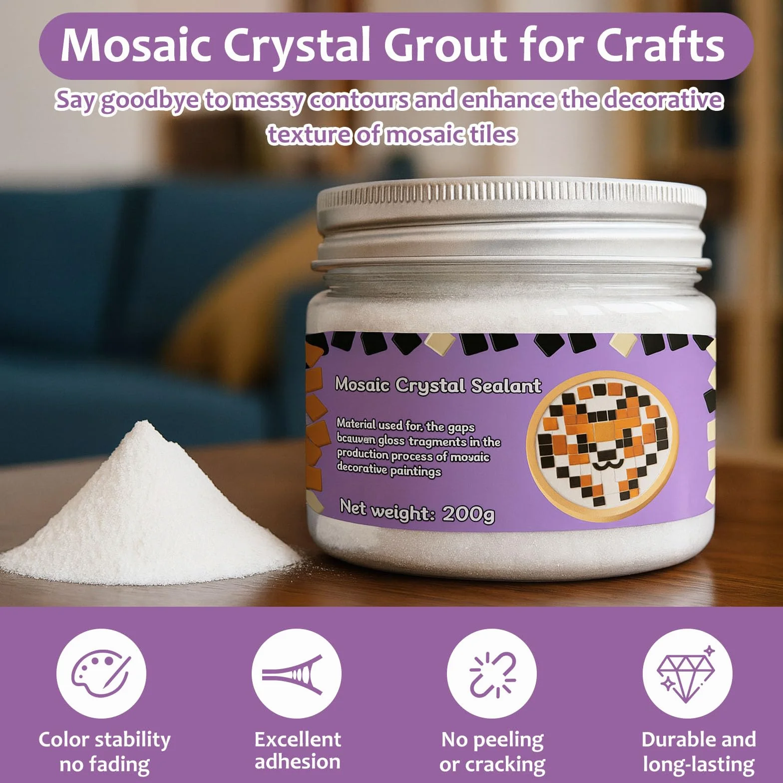 1DFAUL 200 g joint cristal mosaïque pour loisirs créatifs, outils pour mosaïque, contraste de couleur élevé, jointoiement direct, convient aux carreaux de aux projets de bricolage (blanc)