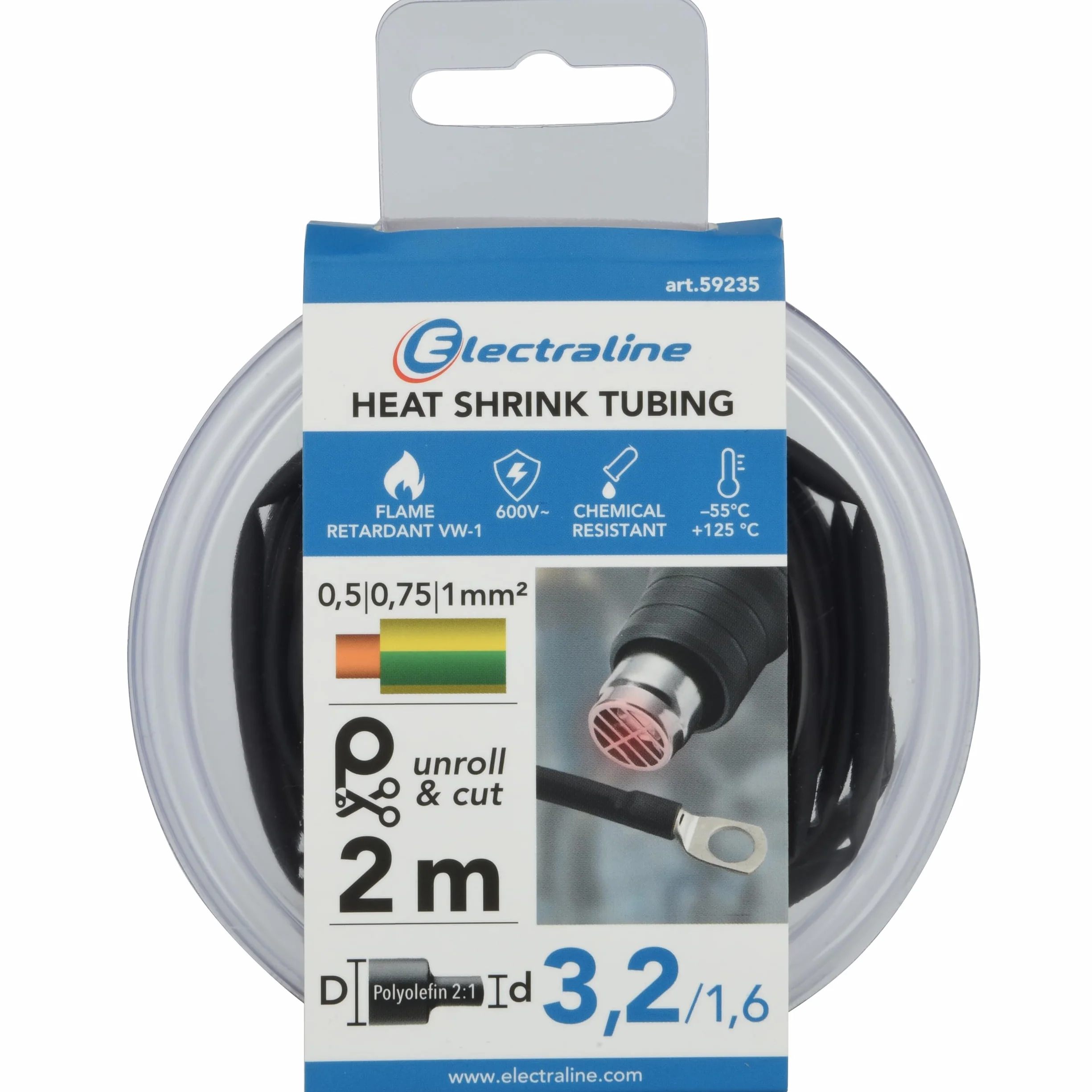 Electraline 59235 Gaine thermorétractable noire, diamètre 3,2/1,6 mm et longueur 2 m, pour isoler, protéger et renforcer les câbles et connecteurs, résistante aux températures extrêmes (-55° à 125°C)