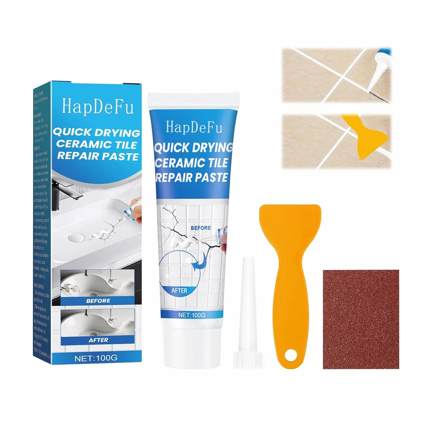 Réparation Carreaux, Pâte de Réparation de Carrelage, Crème de Réparation Murale, Agent Repair Cream avec Grattoir et Buse pour Réparer Efficacement les Trous, Fissures, Graffitis, Murs