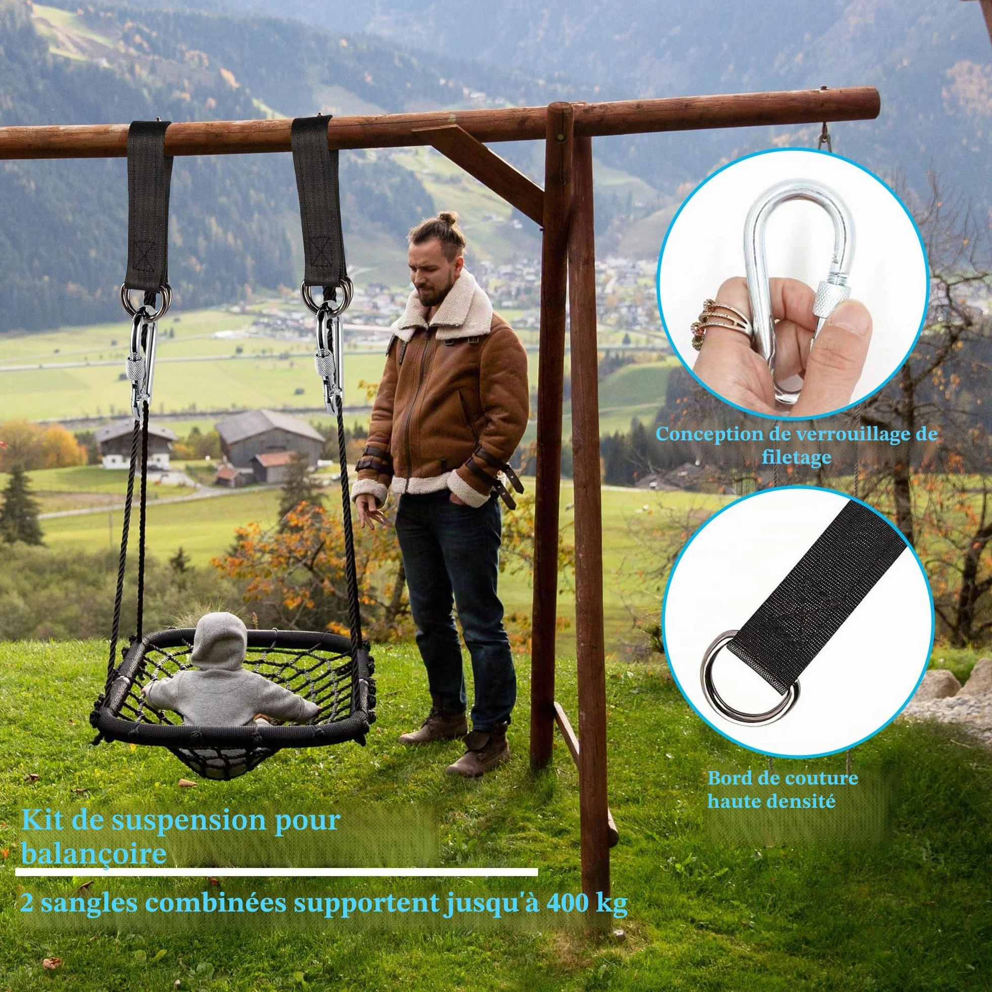 CiciIng Fixation de balançoire Sangles hamac 2 x 29 cm Mousquetons lourds Anneaux en D Polyester Suspension arbre
