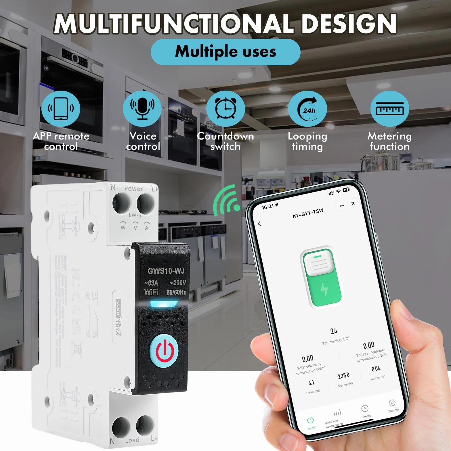 Disjoncteur connecté wifi 63A Tuya interrupteur connecté wifi commande vocale Minuterie AC230V Commutateur de télécommande Mesure Intelligent Compatible avec Alexa et Google Home GWS10-WJ