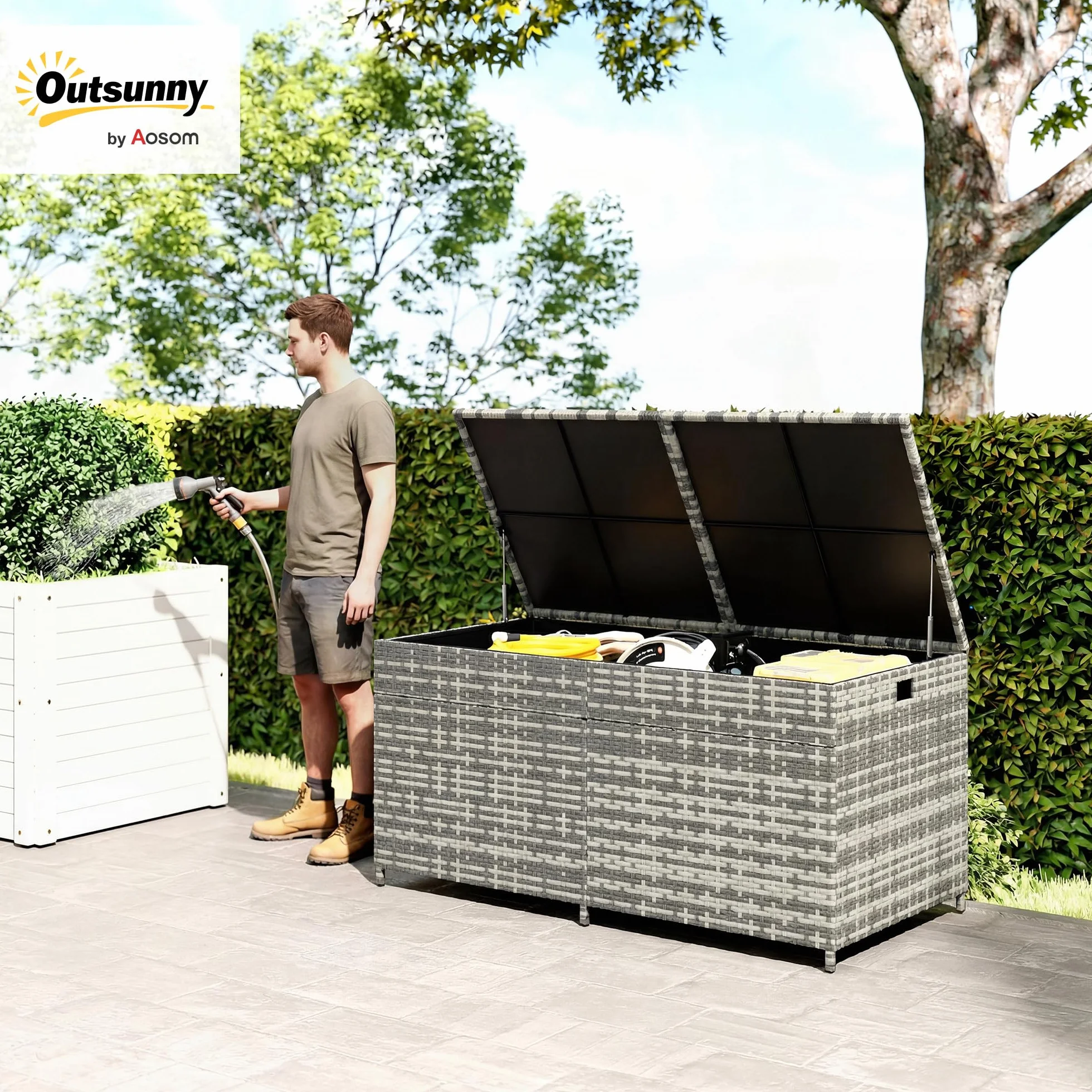 Outsunny Coffre de jardin résine tressée 650 L imperméable extérieur rangement avec doublure zippée tige pneumatique sécurisée 2 roues 150x75x74 cm gris
