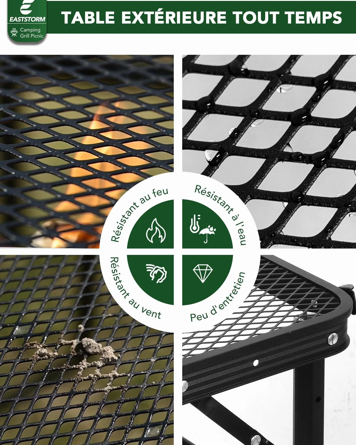 EASTSTORM Table de Camping Pliante 60×40cm, 2 Réglages de Hauteur, Grille Métallique pour Intérieur/Extérieur