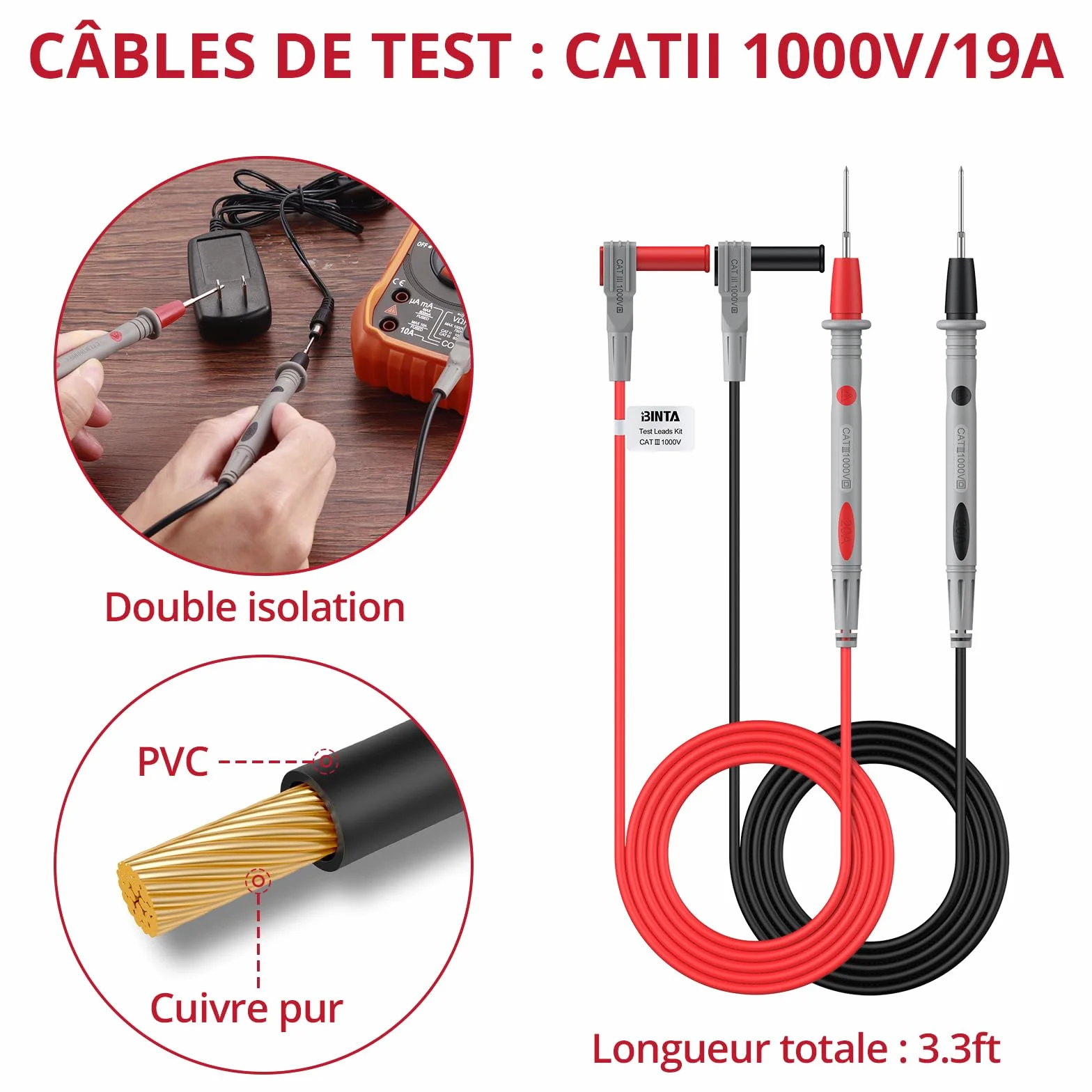 BINTA Cordons de Test Multimètre CAT III 1000V 20A, 1m Câbles avec Fiches Banane 4mm Isolées, Pointes Interchangeables 1/2/4mm (Plaquées Or), Pinces Crocodile, Capuchons