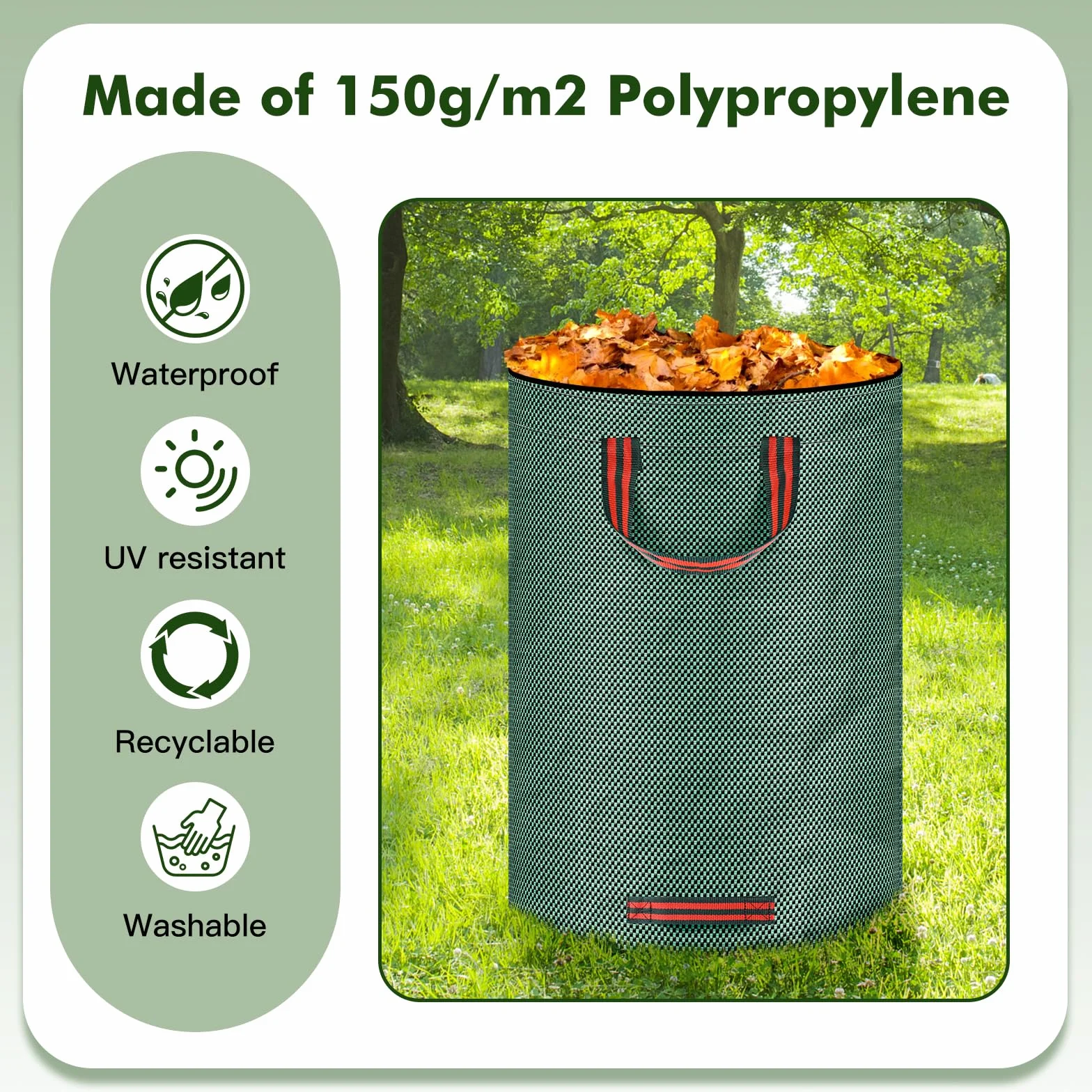 Sac Jardin 300L Vert avec Couvercle 4 Poignées Résistant Pliable Réutilisable Déchets Feuilles Débris