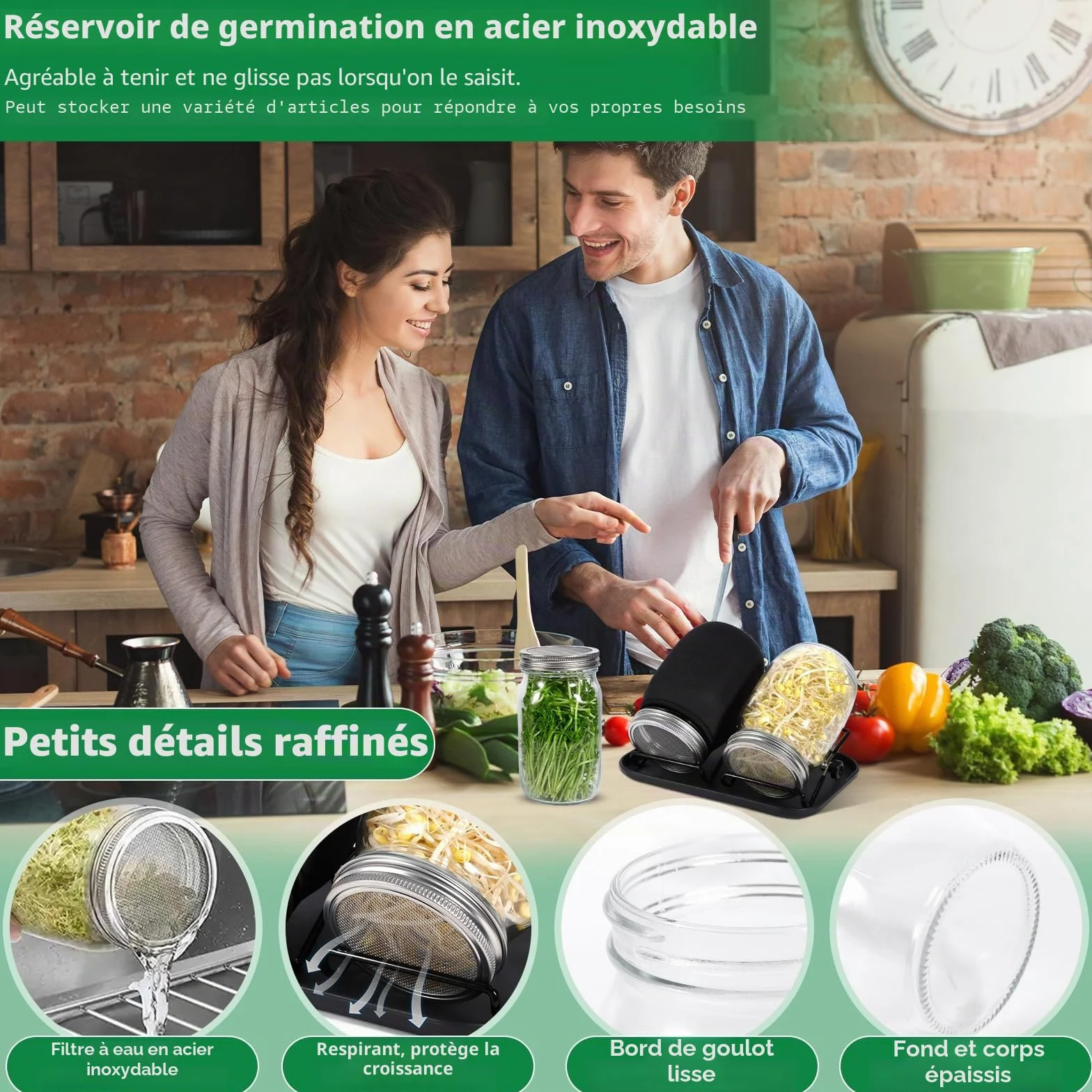 Bocal de Germination de Graines 2 x 1000ml Germoir en Verre avec Couvercle Acier Inoxydable, Support et Plateau