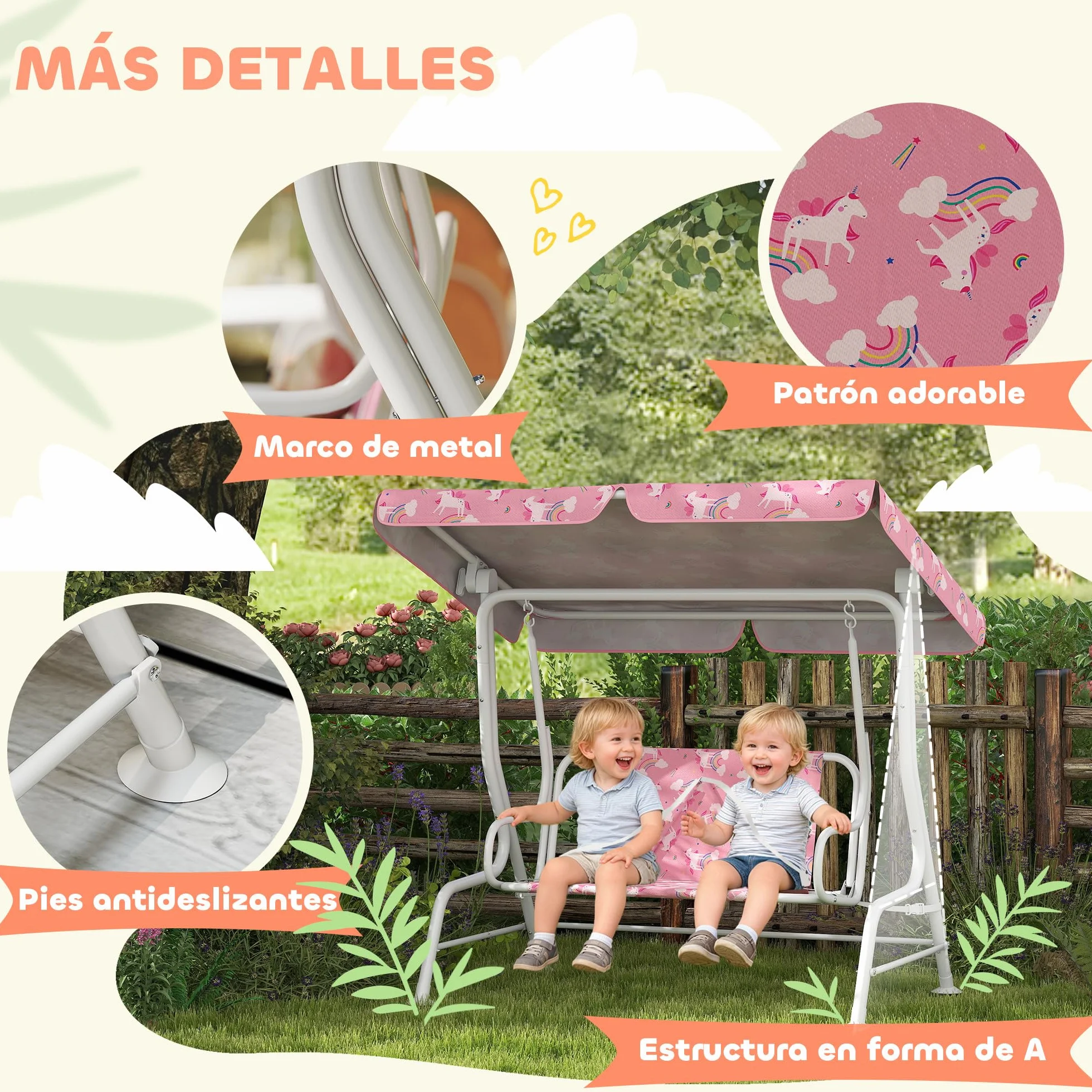 Balancelle de jardin pour enfants 2 places avec auvent réglable et ceintures de sécurité, motif licorne et arc-en-ciel, 112 x 75 x 120 cm, rose