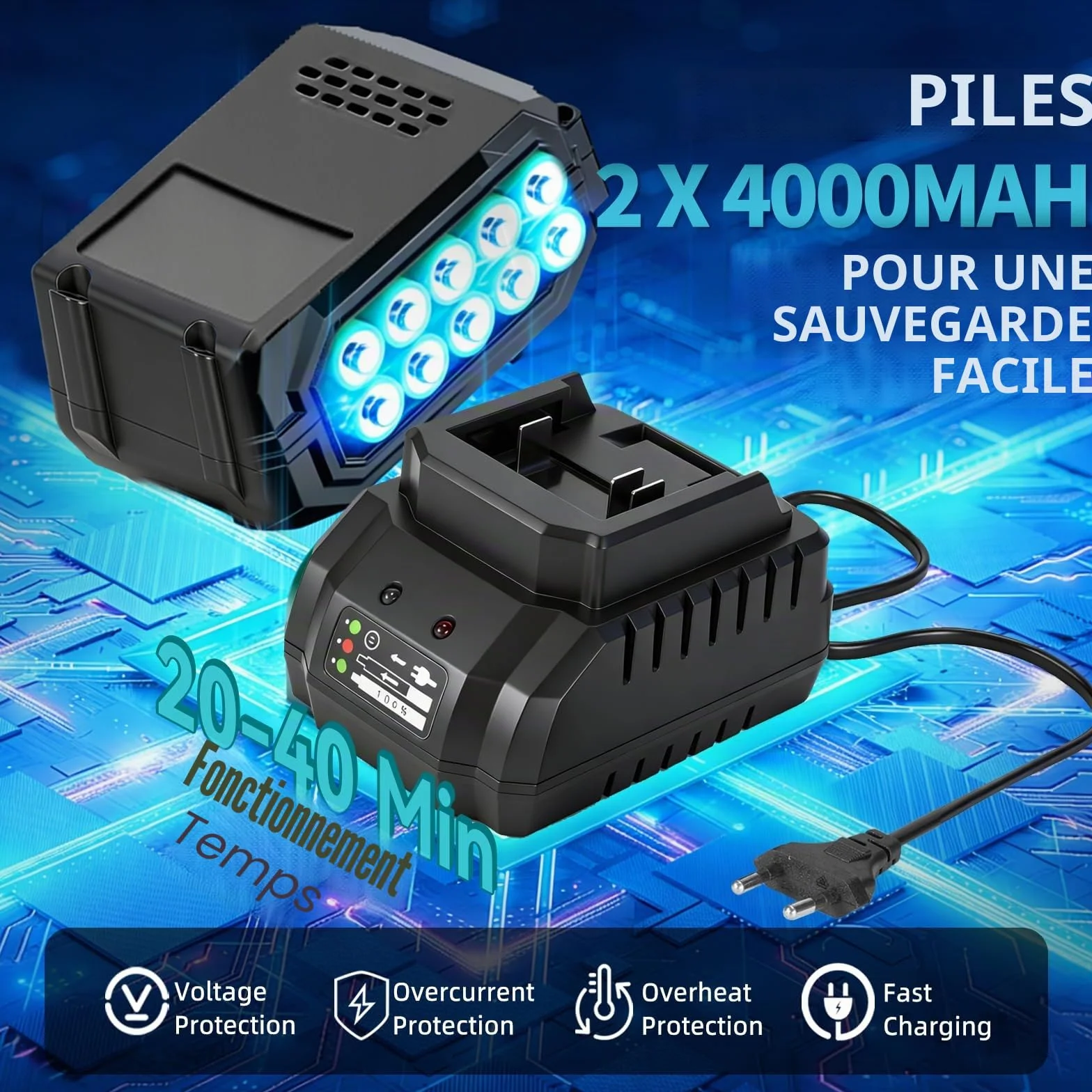 Souffleur de Feuilles sans Fil 400 km/h Moteur sans Balais 25000 TR/MIN 6 Vitesses 2 Batteries