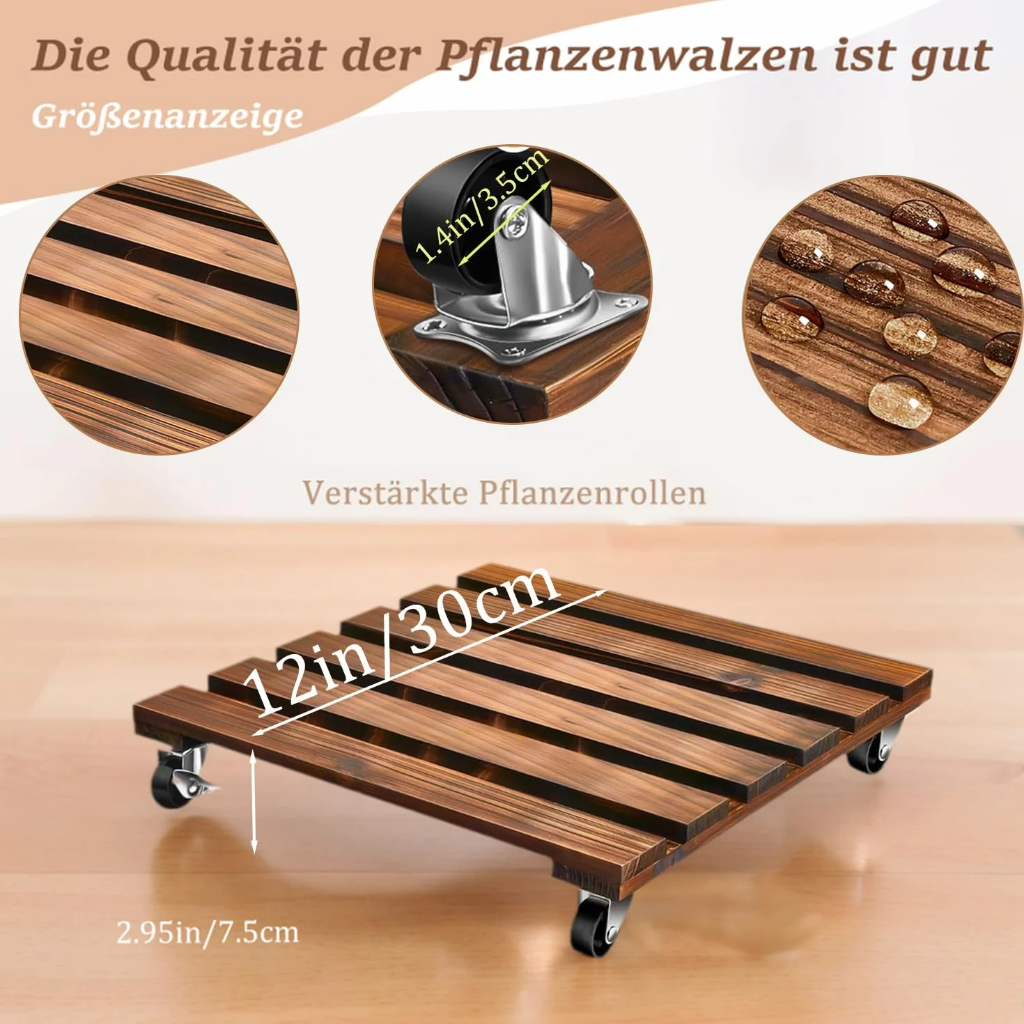 Lot de 2 roulettes pour plantes, pot de fleurs, soucoupe avec roues verrouillables 360°, planche à roulettes robuste en bois, résistant aux intempéries