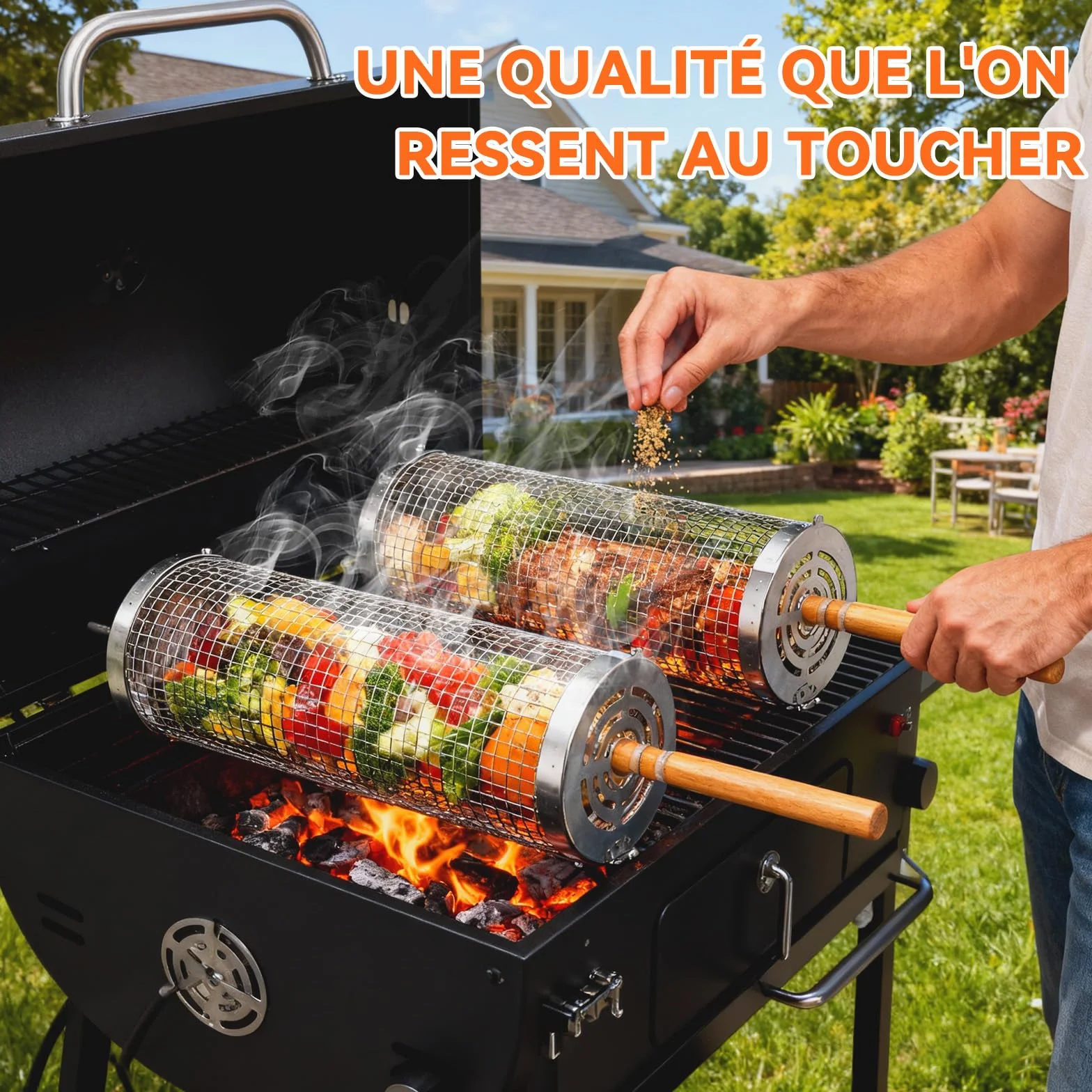 Set de Panier de Barbecue en Acier Inoxydable avec Poignée en Bois 2 Paniers Tournants Pliables 31x10cm 30x9cm